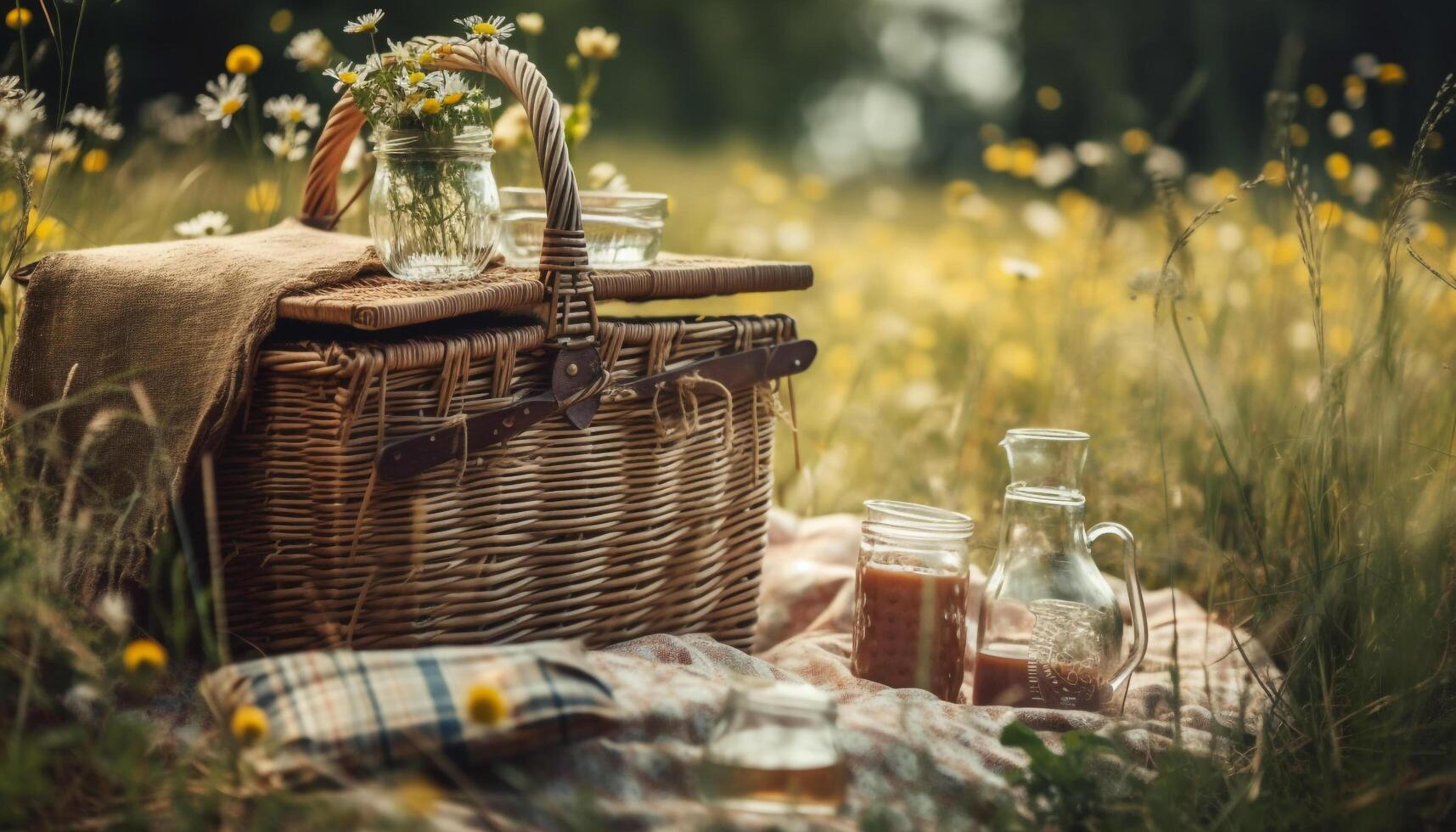 friska picknick måltider haft bland solrosor och natur genererad förbi ai foto