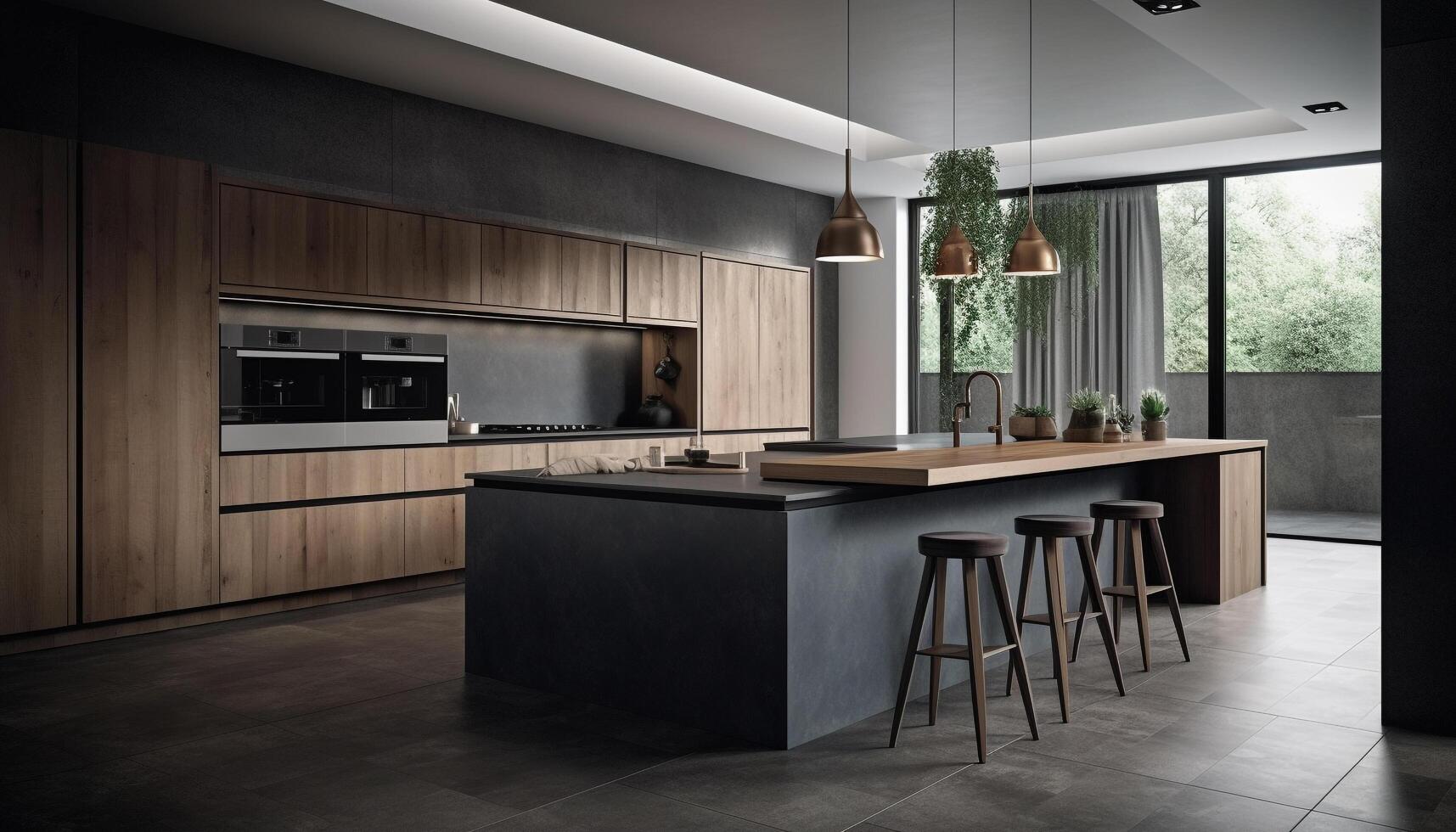 elegant modern kök med rostfri stål apparater genererad förbi ai foto