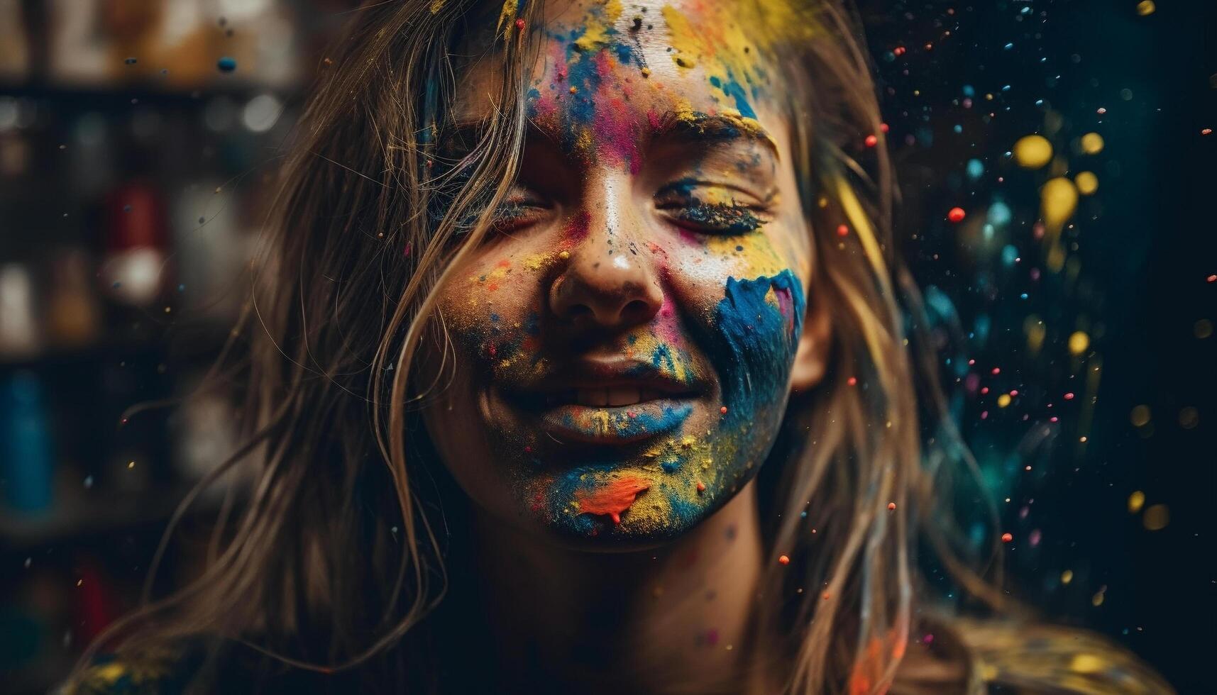 kvinna färgrik natt måla fest firande skratt genererad förbi ai foto