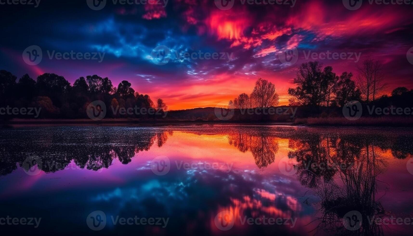 solnedgång över lugn damm, reflekterande vibrerande färger genererad förbi ai foto