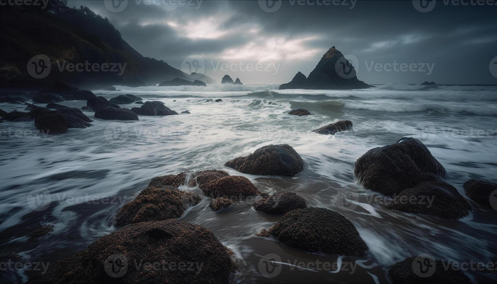 solnedgång speglar i lugn asturien waters skönhet genererad förbi ai foto