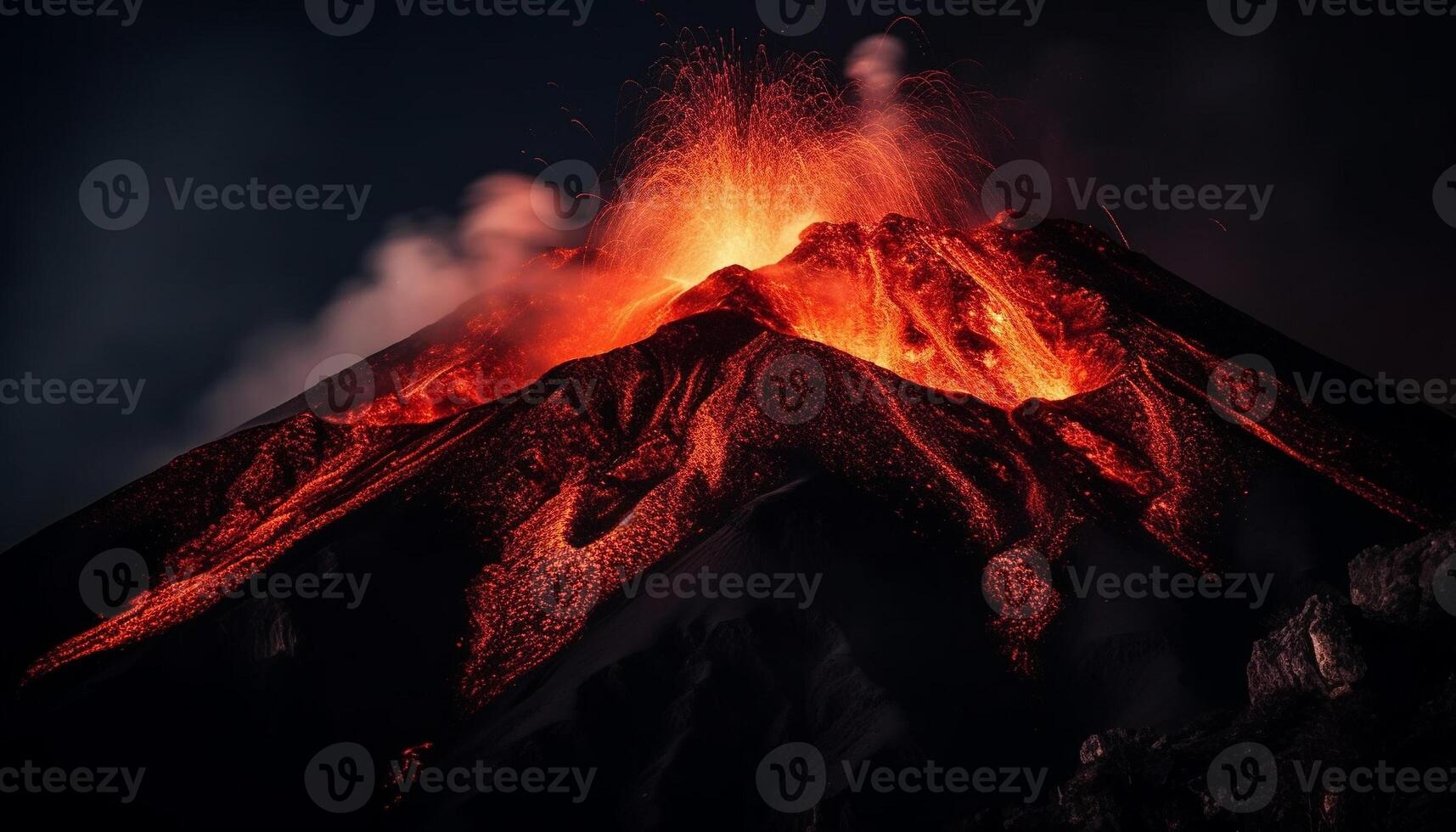 aktiva vulkan får utbrott med brinnande lava strömma genererad förbi ai foto