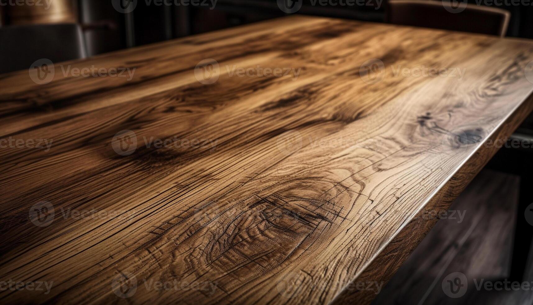 trä- tabell med rustik design i tömma kök genererad förbi ai foto