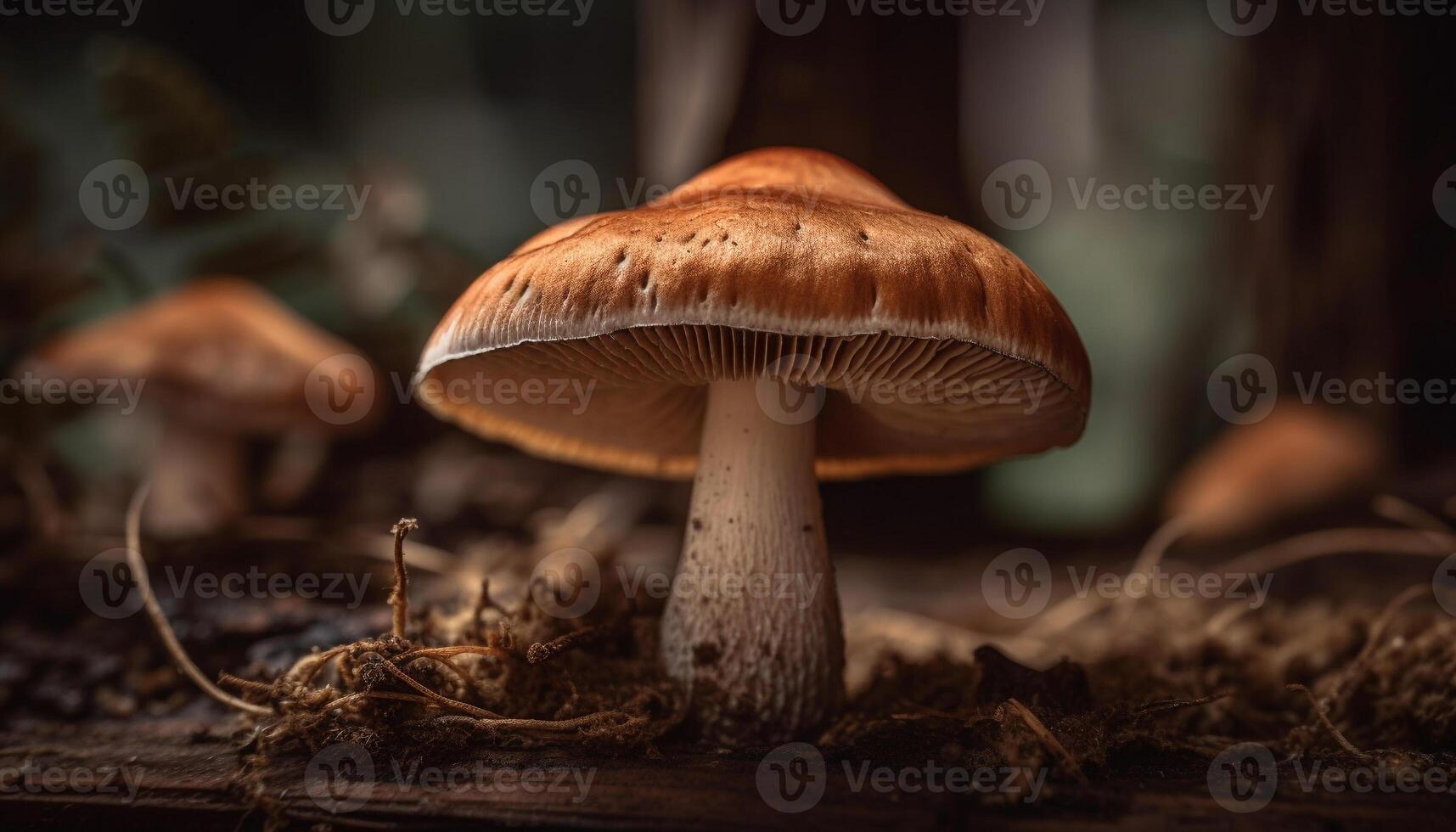 färsk flyga agaric svamp i smuts, giftig genererad förbi ai foto