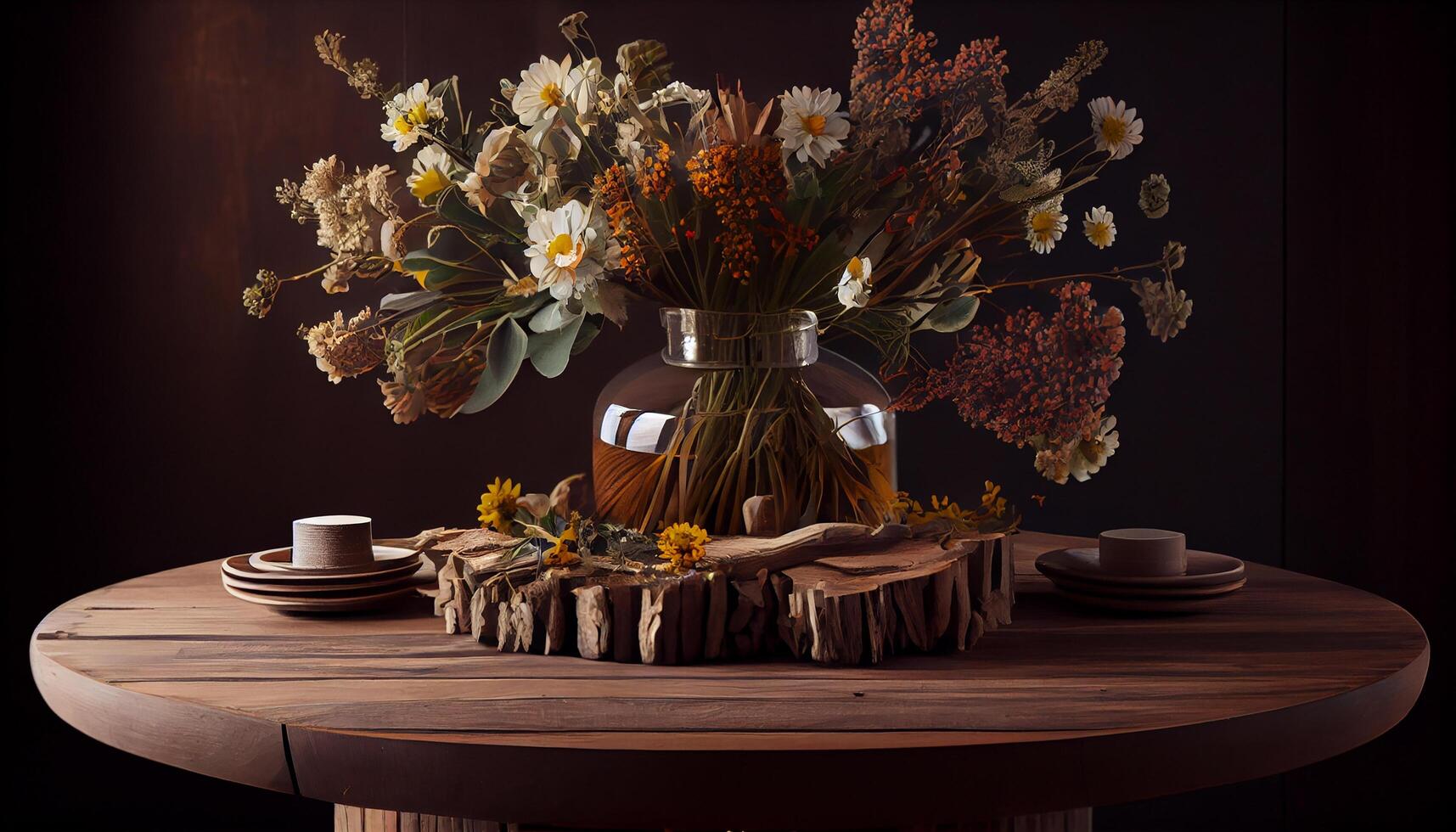 rustik blomma vas dekorerar trä- inomhus- tabell genererad förbi ai foto