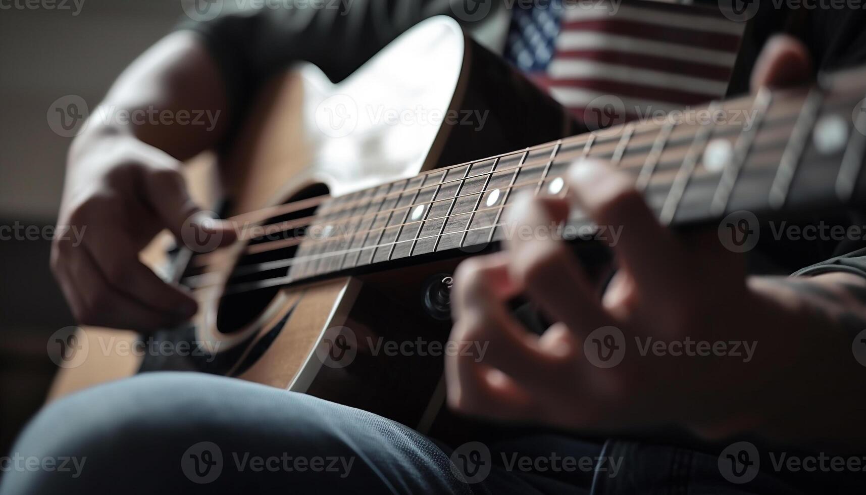 gitarrist klumpar akustisk, skapande musik i stänga upp genererad förbi ai foto