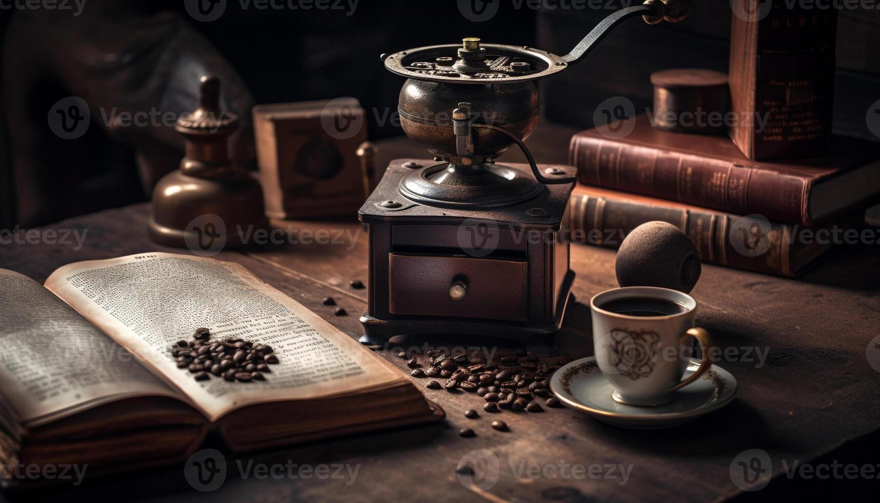 antik kaffe kvarn på trä- tabell bryggning bönor genererad förbi ai foto