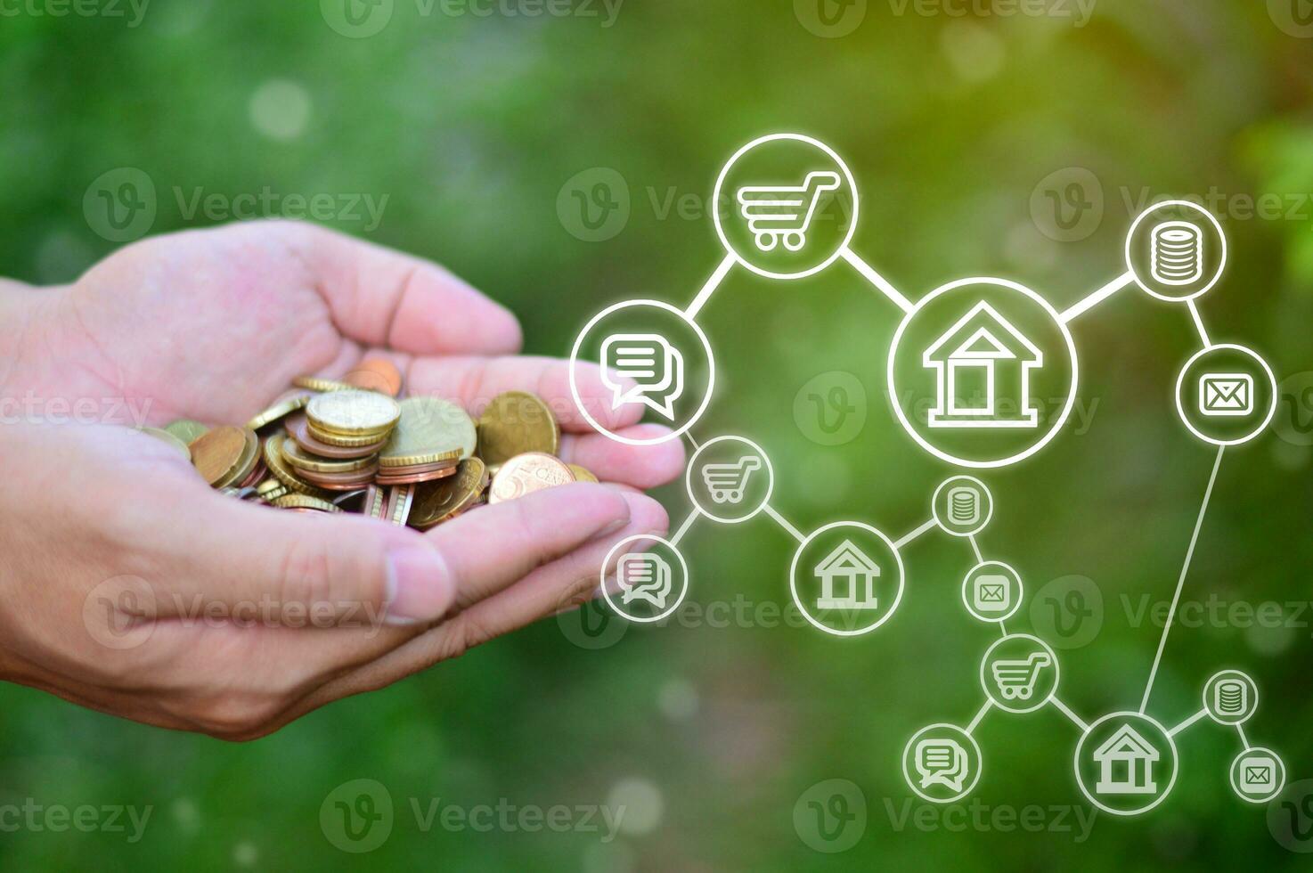 investering och finansiera begrepp affärsman innehav virtuell handel mynt och suddig mynt i hand. stock marknadsföra. vinst och företag tillväxt. foto