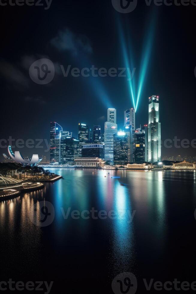 Fantastisk panorama- se av upplyst horisont speglar på vid vatten i singapore stad. generativ ai teknologi. foto