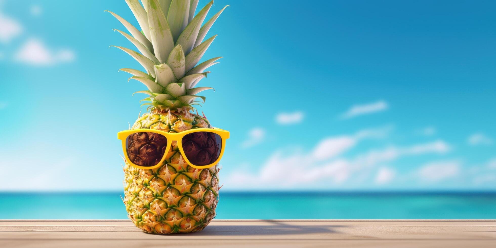 ananas med solglasögon på tropisk strand blå himmel bakgrund. generativ ai foto