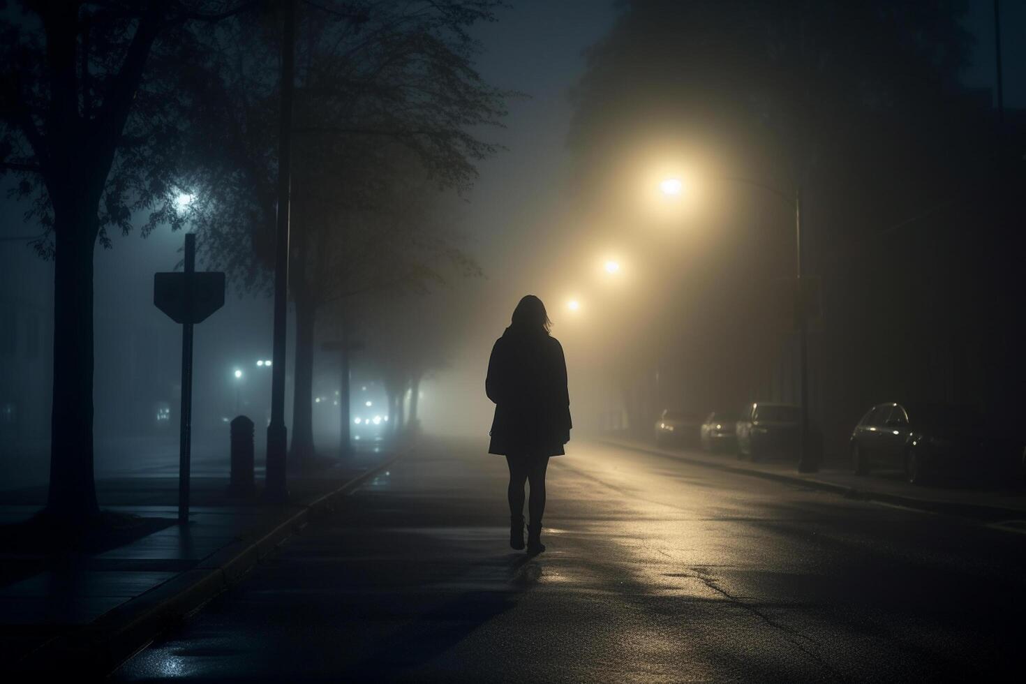 silhuett av en kvinna gående på de gata i de dimma på natt generativ ai foto
