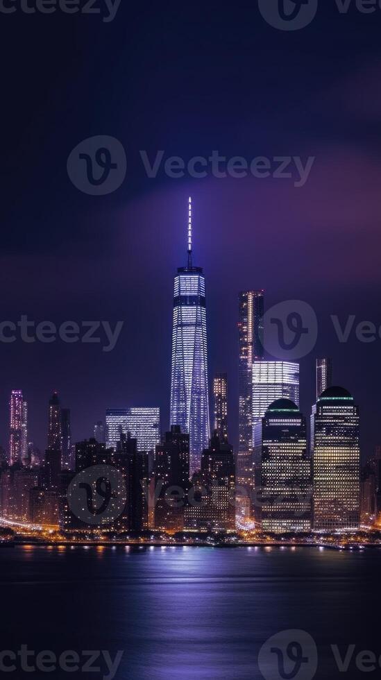 Fantastisk panorama- natt horisont av manhattan, ny york stad. generativ ai teknologi. foto