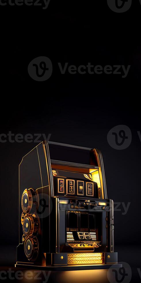 full längd av gammaldags spår maskin i svart och gyllene Färg mot bakgrund med kopia Plats. kasino spel begrepp, generativ ai teknologi. foto