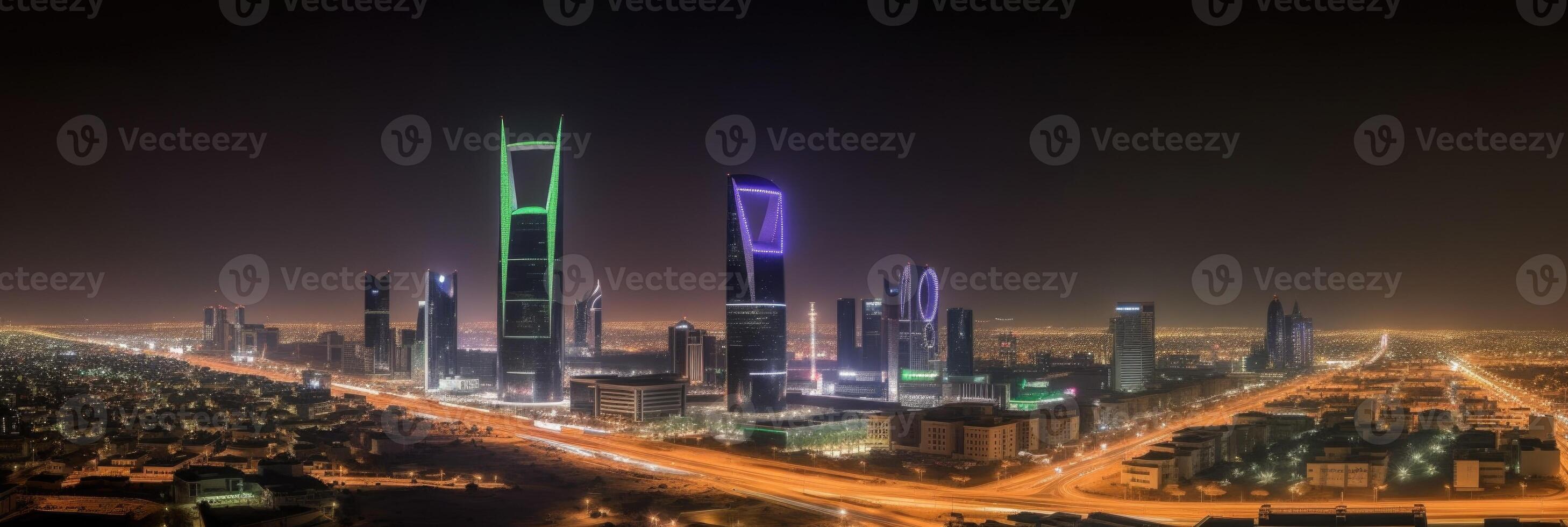 panorama- natt stad skott av riyadh som visar horisont landmärken, kontor och bostads- byggnader i söder arabien. generativ ai teknologi. foto