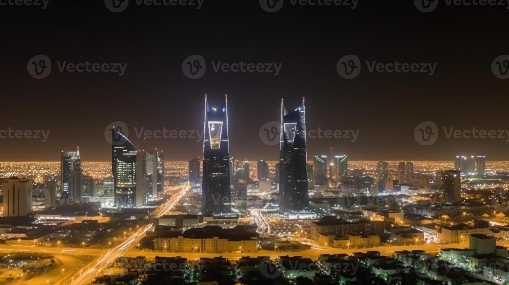 panorama- natt stad skott av riyadh som visar horisont landmärken, kontor och bostads- byggnader i söder arabien. generativ ai teknologi. foto