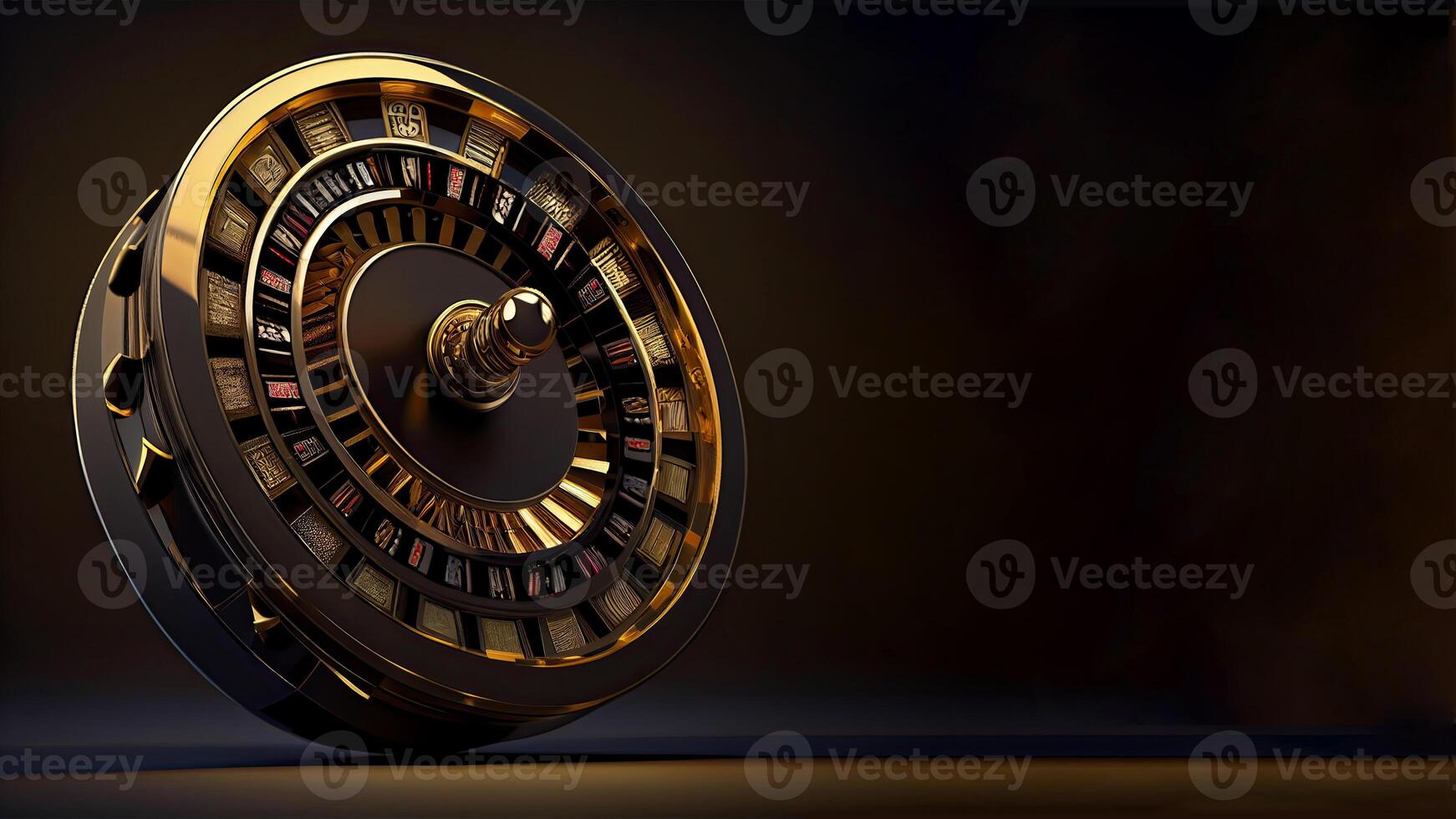 svart och gyllene roulett hjul mot mörk bakgrund, 3d illustration. kasino hasardspel begrepp, generativ ai teknologi. foto