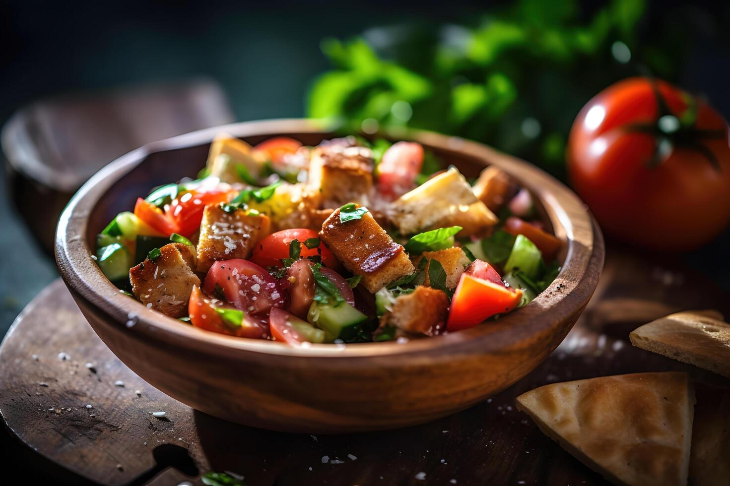 utsökt fattoush med grönsaker och bröd, arabicum stil, generativ ai foto