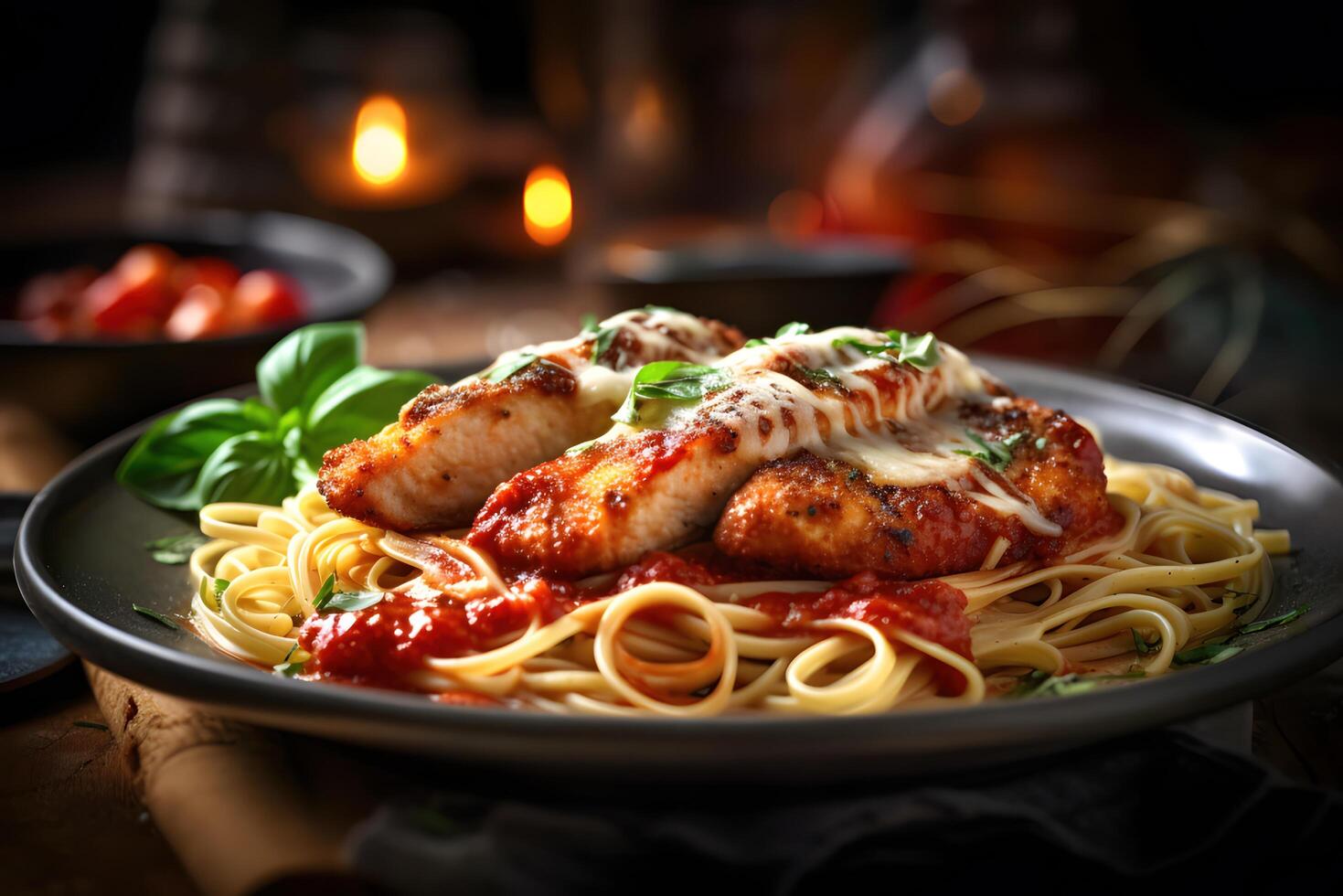 härlig kyckling parmesan med spaghetti, tomat sås, basilika, italiensk stil, generativ ai foto