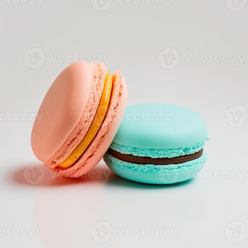 ljuv franska macaroons på en vit bakgrund, efterrätt. generativ ai foto