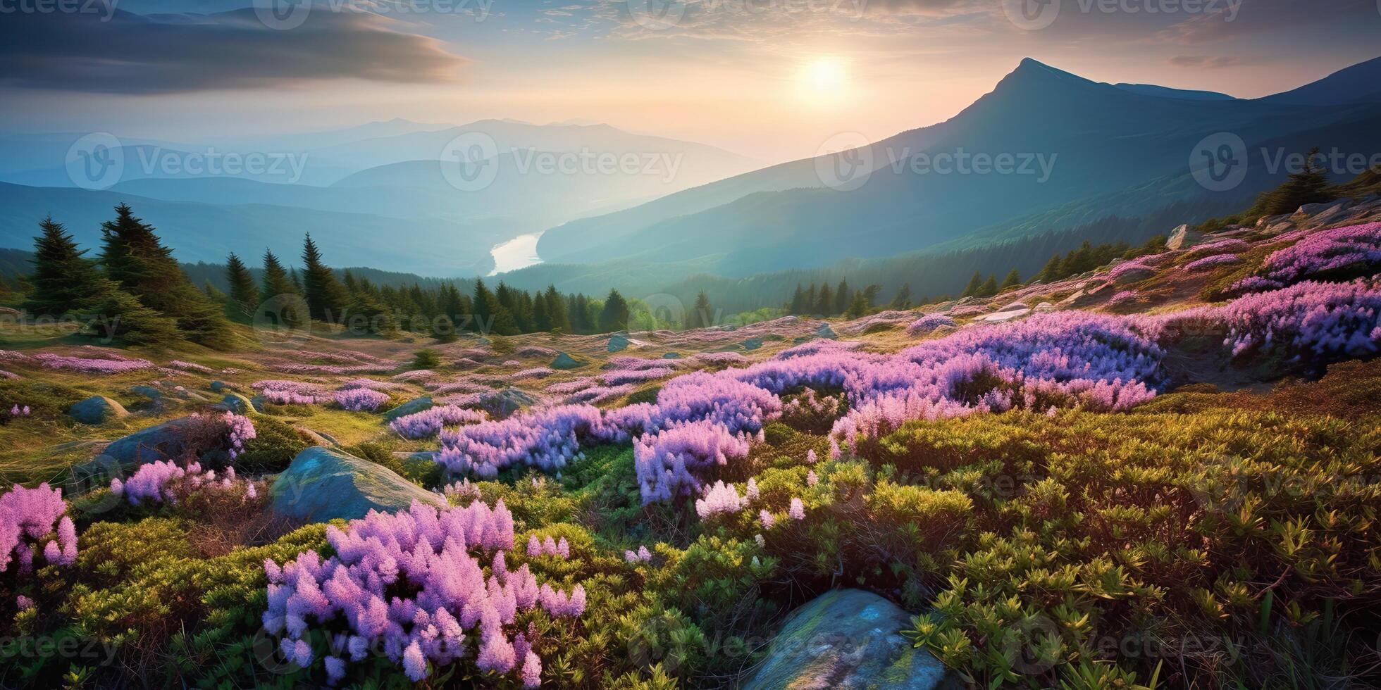 ai genererad. ai generativ. skön rhododendron blommor över solnedgång bergen fält landskap. grafisk konst foto