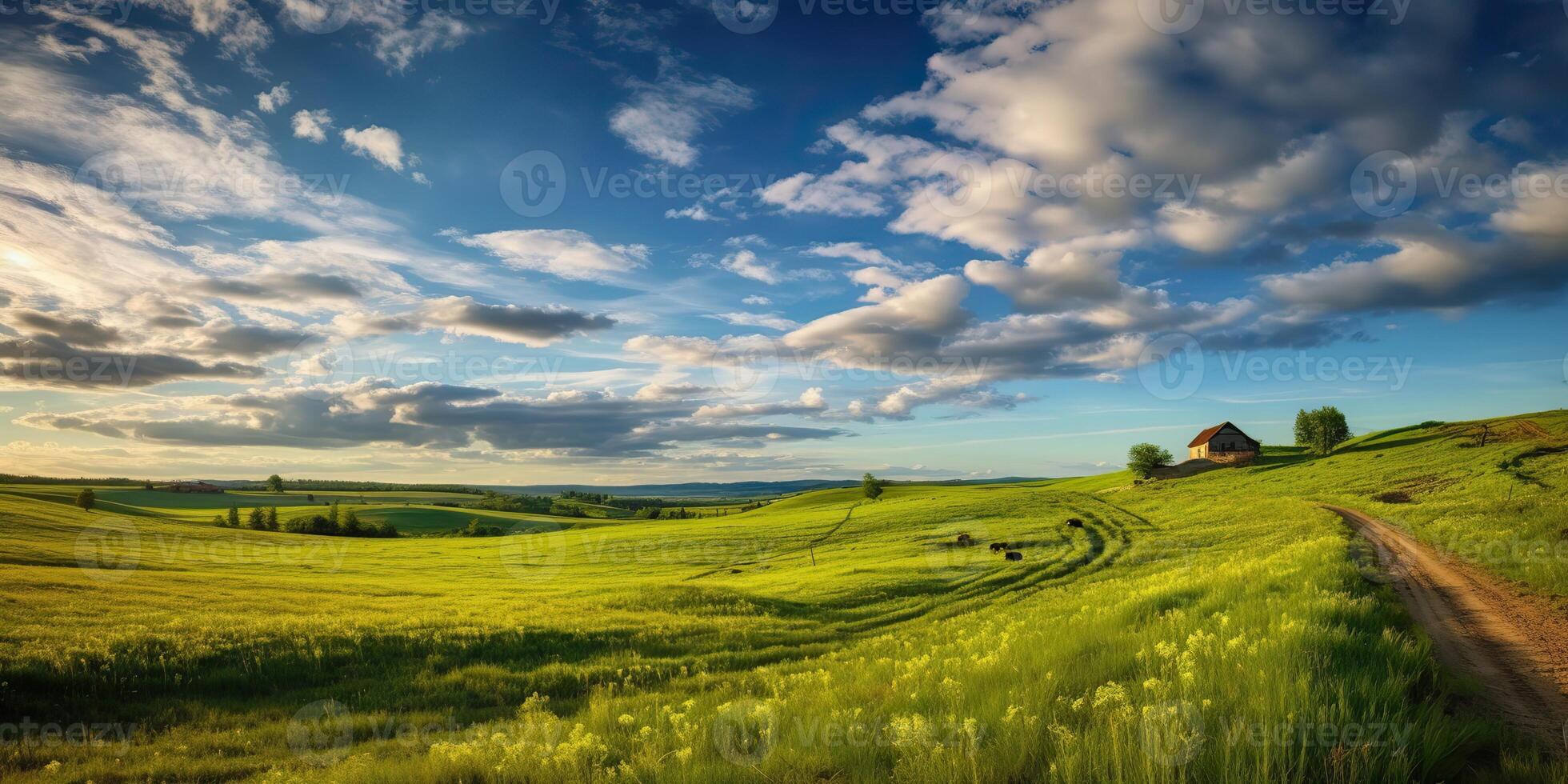 ai genererad. ai generativ. Foto realistisk illustration av grön fält gräs kullar landskap. grafisk konst