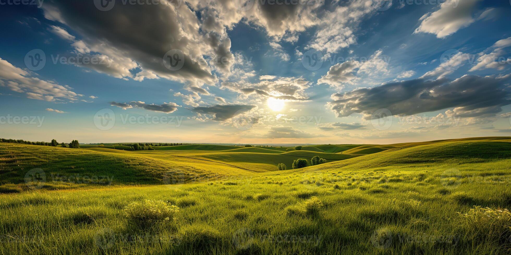 ai genererad. ai generativ. Foto realistisk illustration av grön fält gräs kullar landskap. grafisk konst