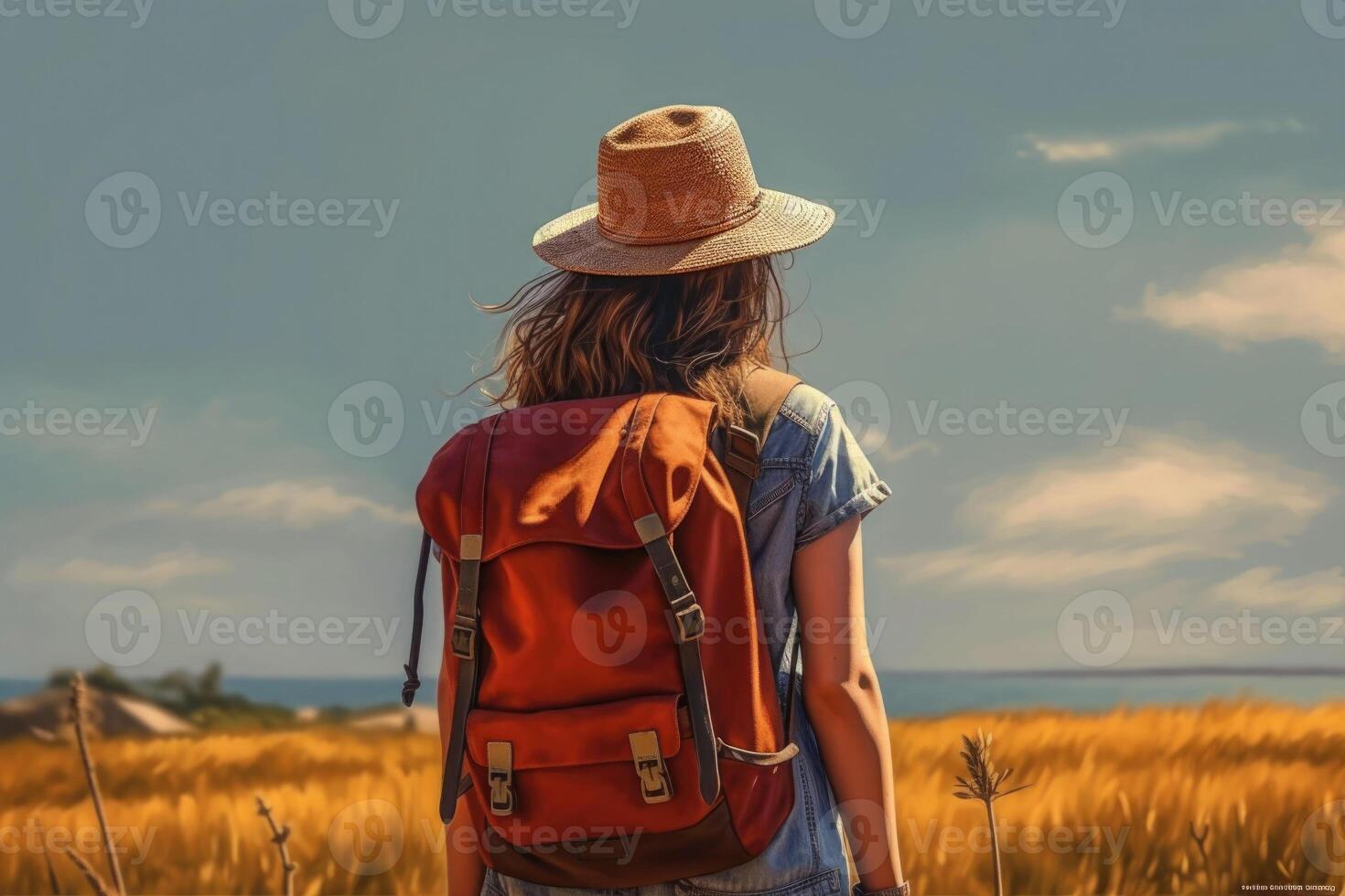 reser kvinna med ryggsäck i sommar bakgrund. generativ ai foto