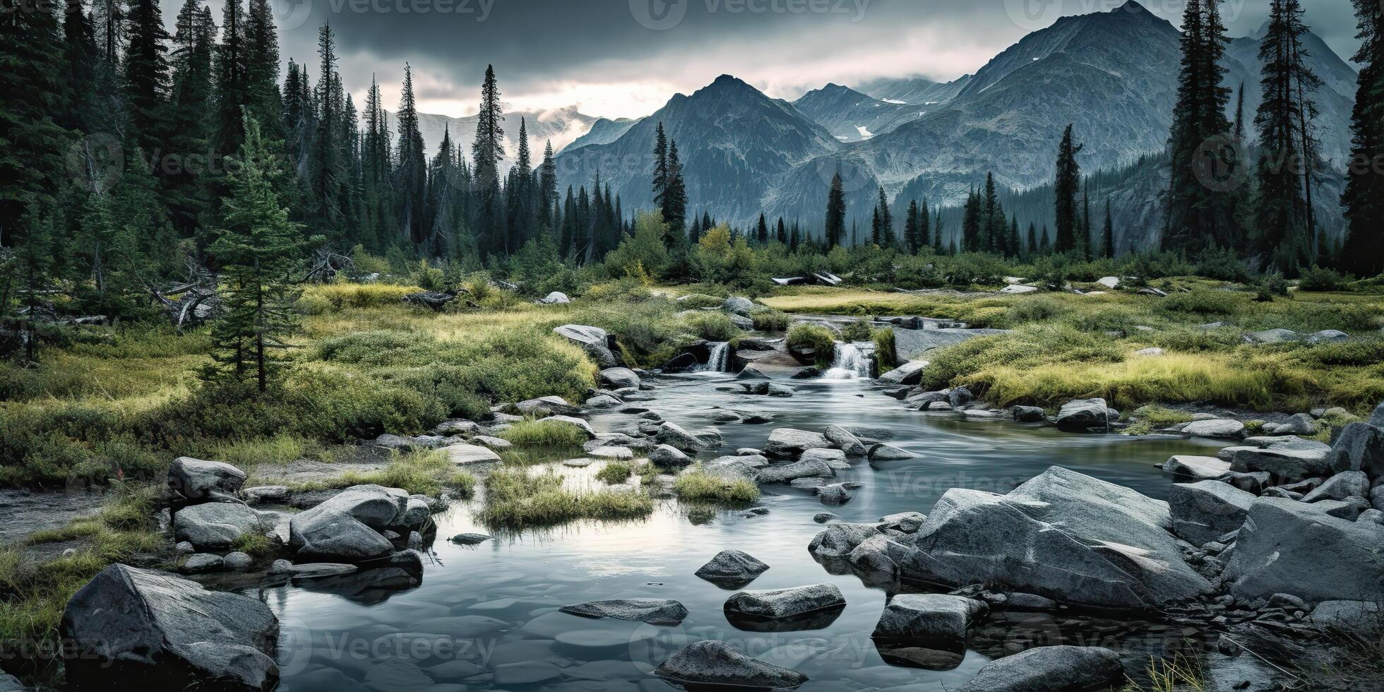 ai genererad. ai generativ. Foto illustration av vild natur utomhus- berg vattenfall landskap på regn grön dag. grafisk konst