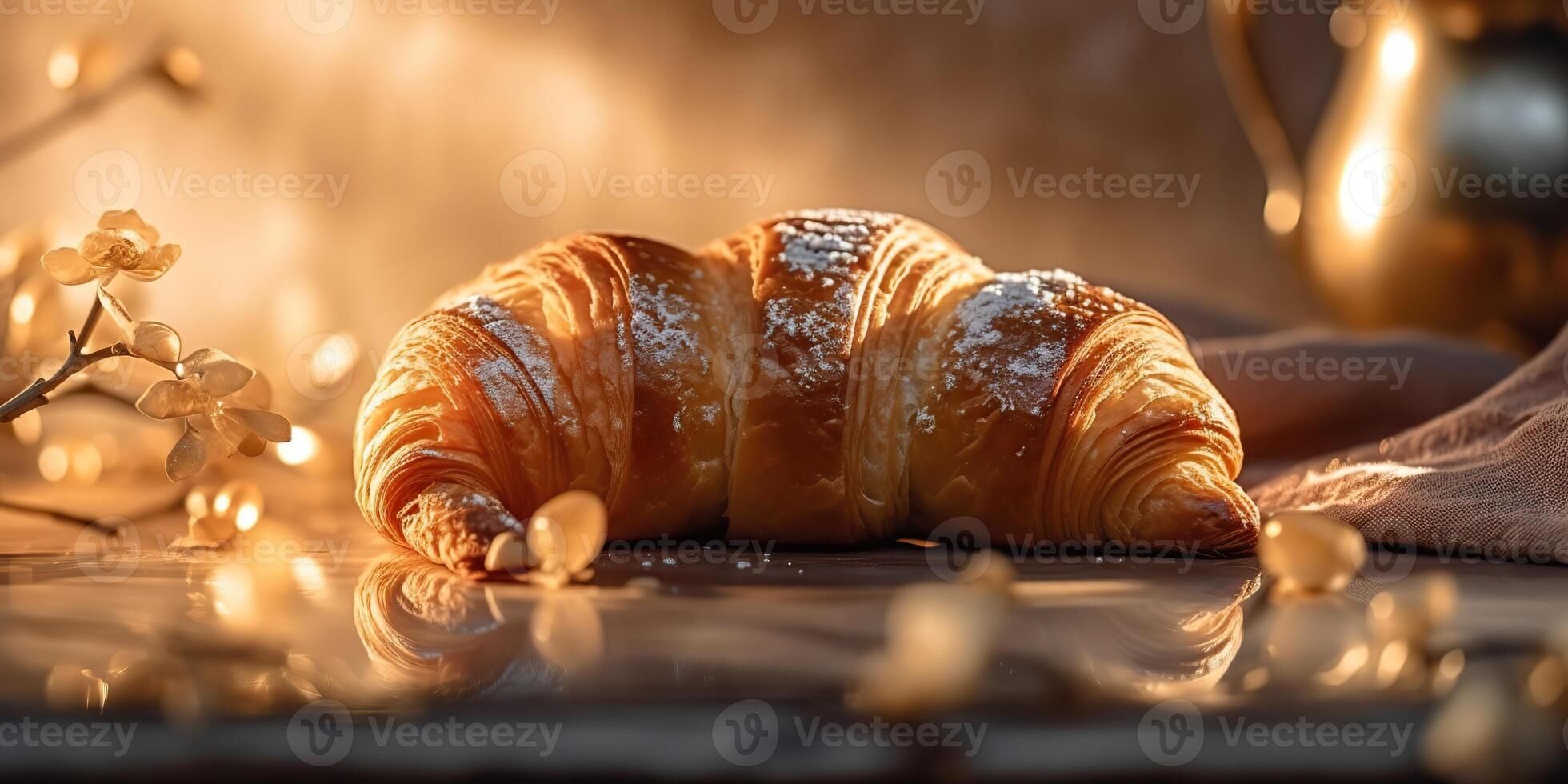 ai genererad. ai generativ. färsk bakad gyllene gott traditionell croissant. grafisk konst foto