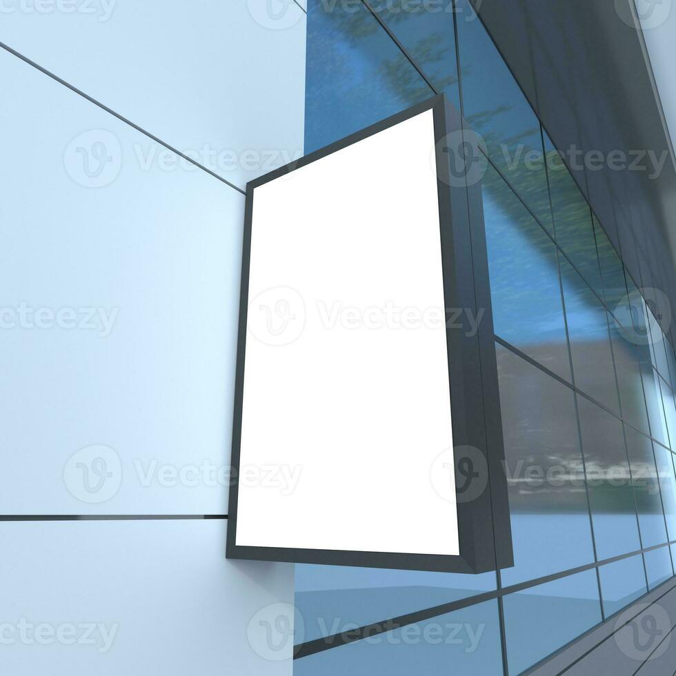 tom, utomhus- Skyltning, skylt mockup, tecken monterad på de byggnad för logotyp presentation. 3d tolkning foto