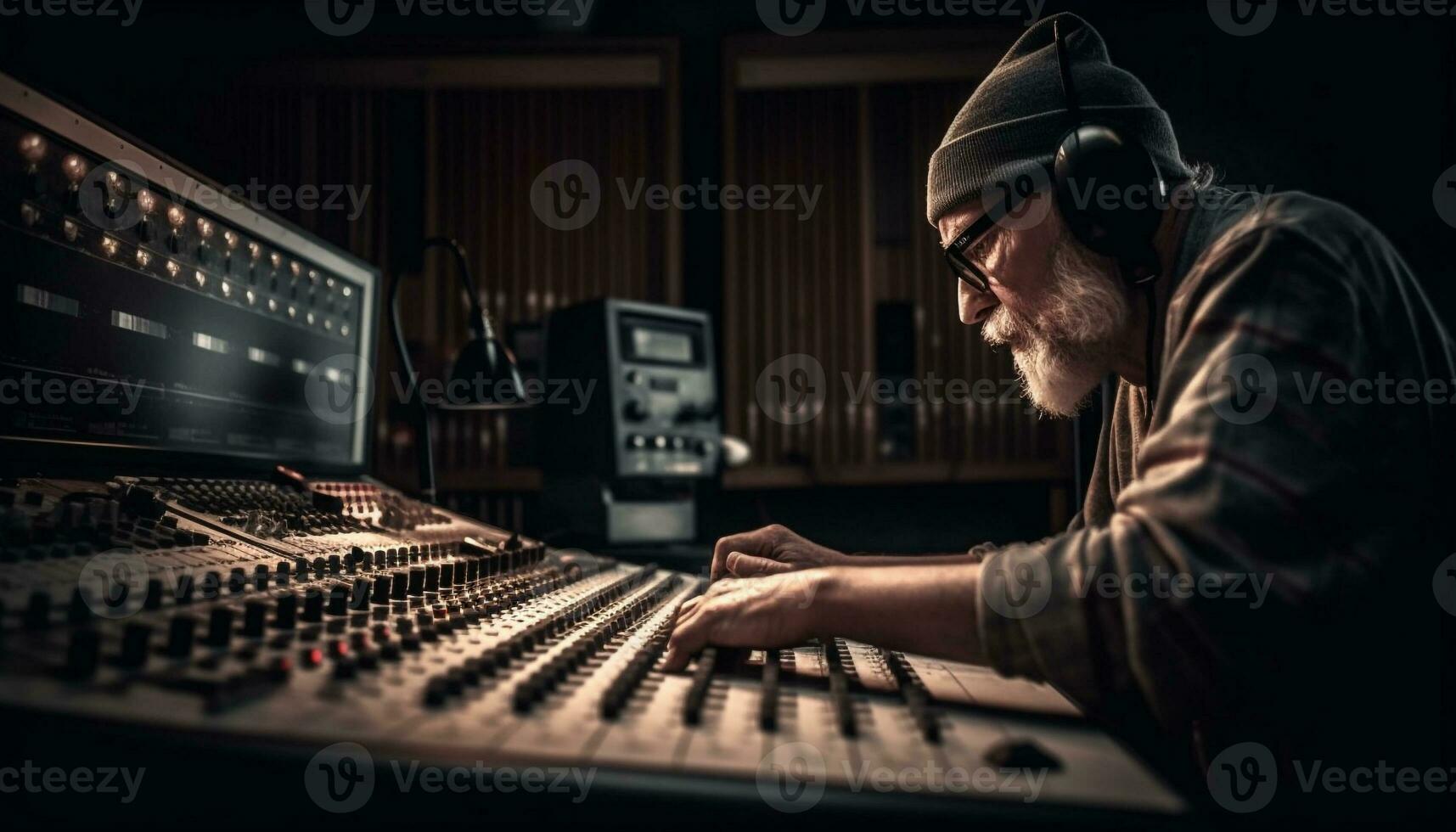 caucasian musiker justeras ljud mixer i inspelning studio genererad förbi ai foto