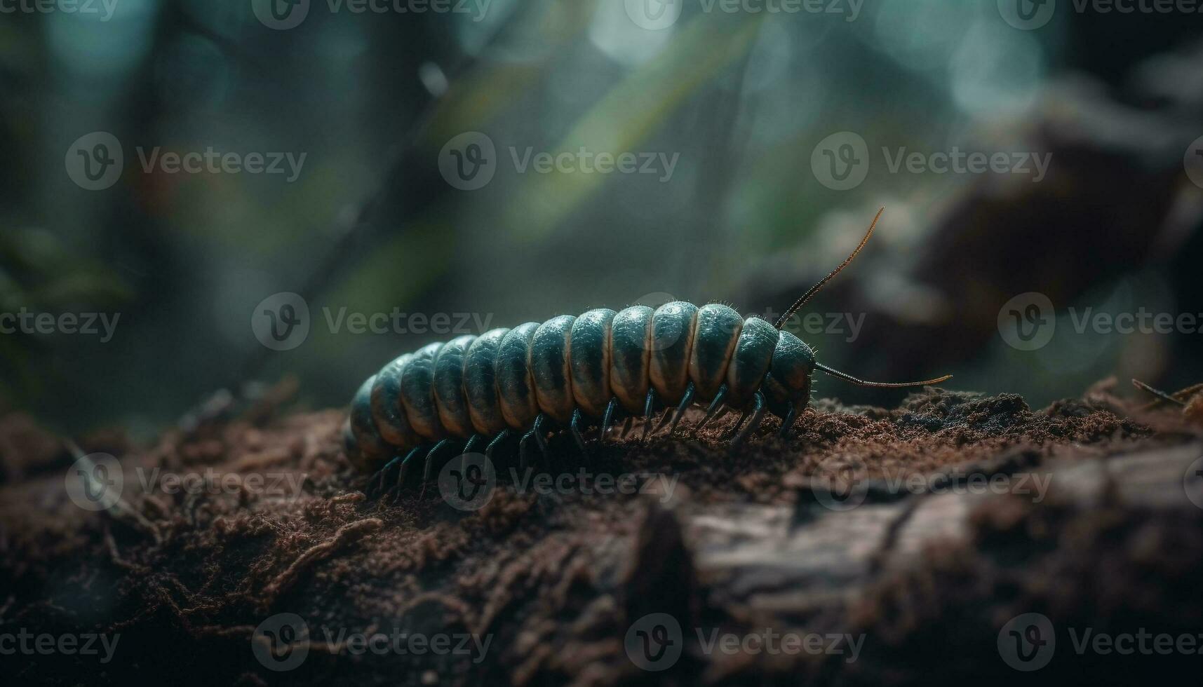 krypande larv på grön blad i skog genererad förbi ai foto