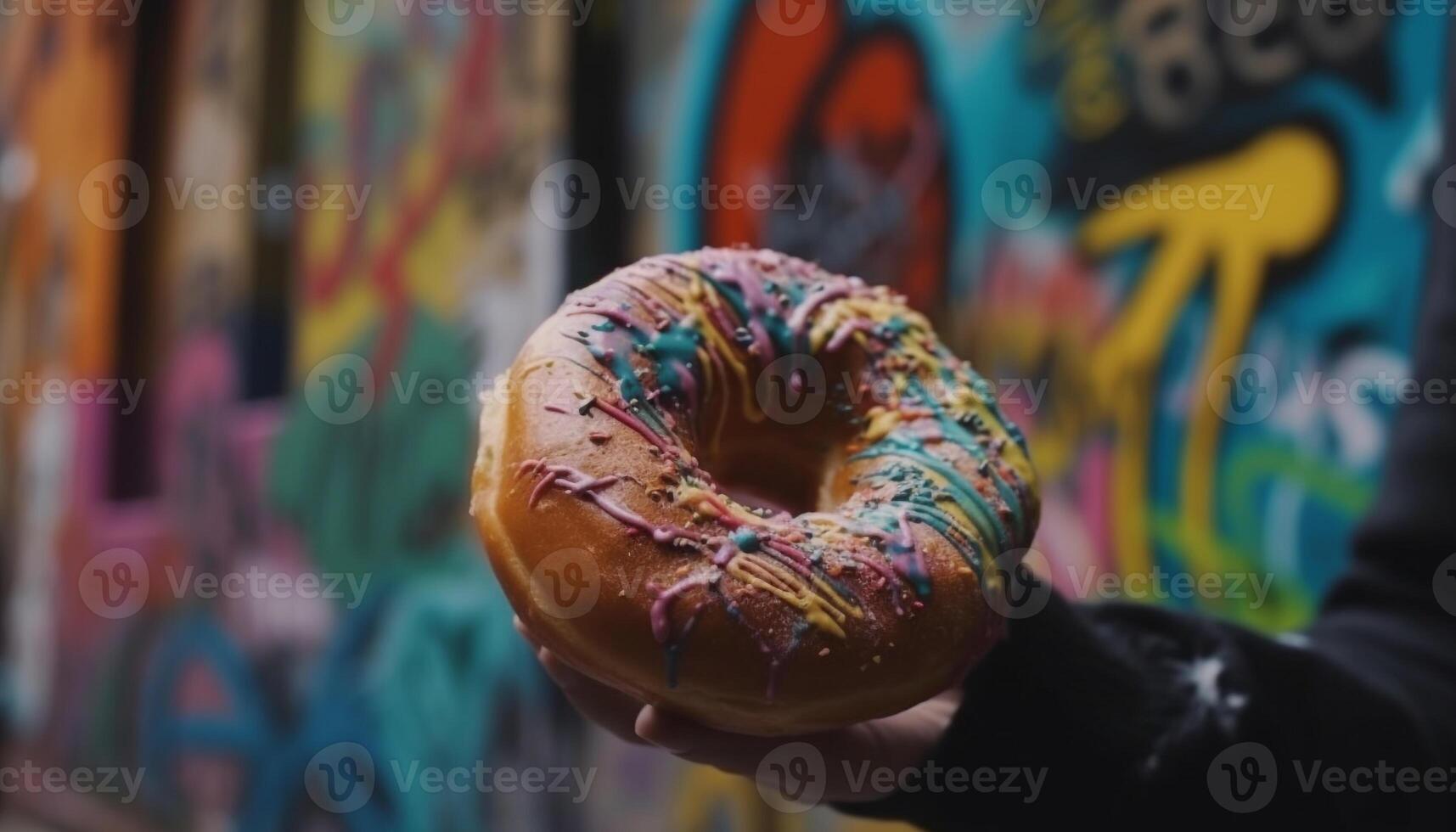 eftergiven munk med färgrik glasyr och choklad genererad förbi ai foto