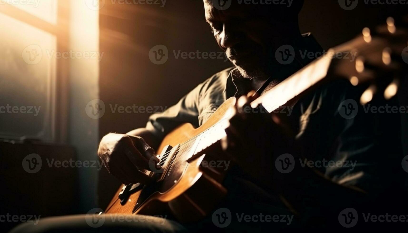 caucasian gitarrist spelar akustisk gitarr med koncentration genererad förbi ai foto