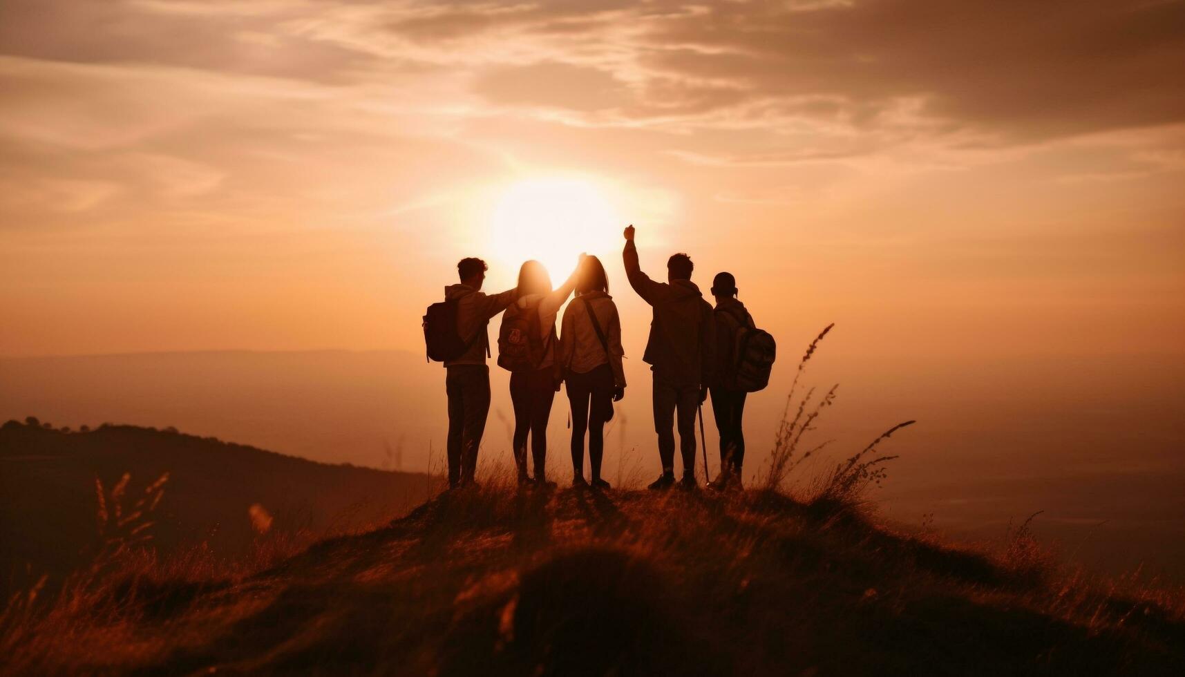 grupp av människor vandring berg topp på solnedgång genererad förbi ai foto