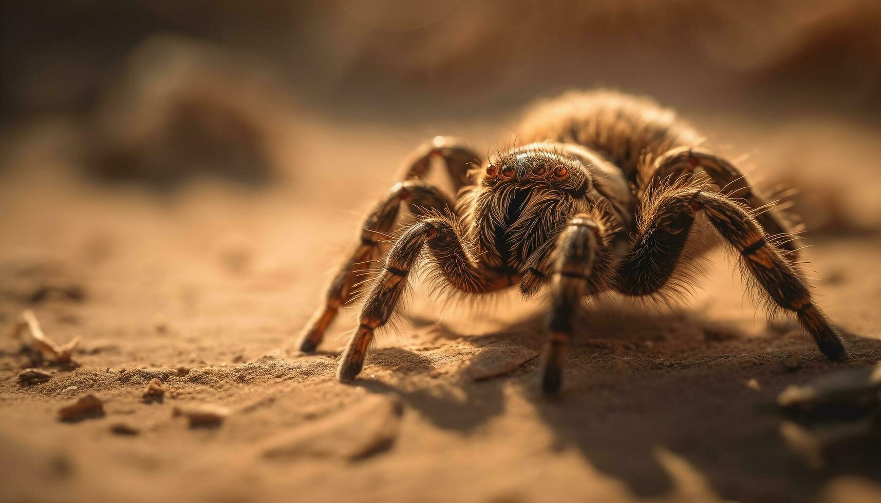 hårig tarantel kryper på randig skog blad genererad förbi ai foto