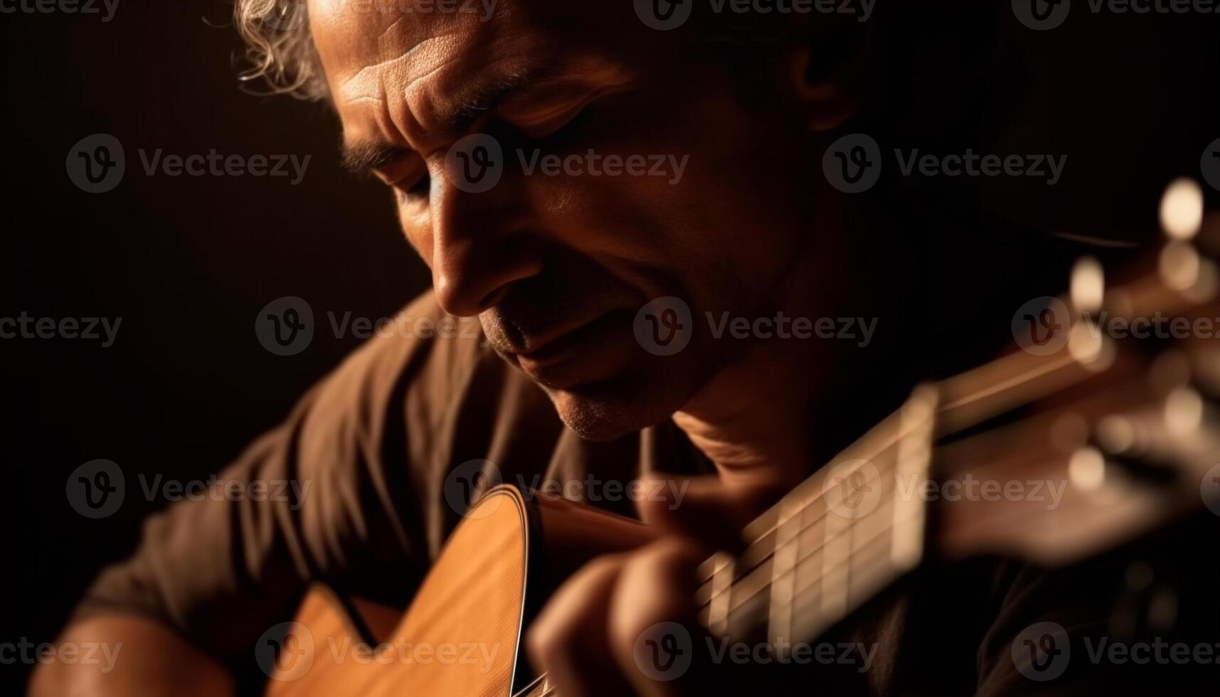 ett musiker spelar gitarr, plockning strängar skickligt genererad förbi ai foto