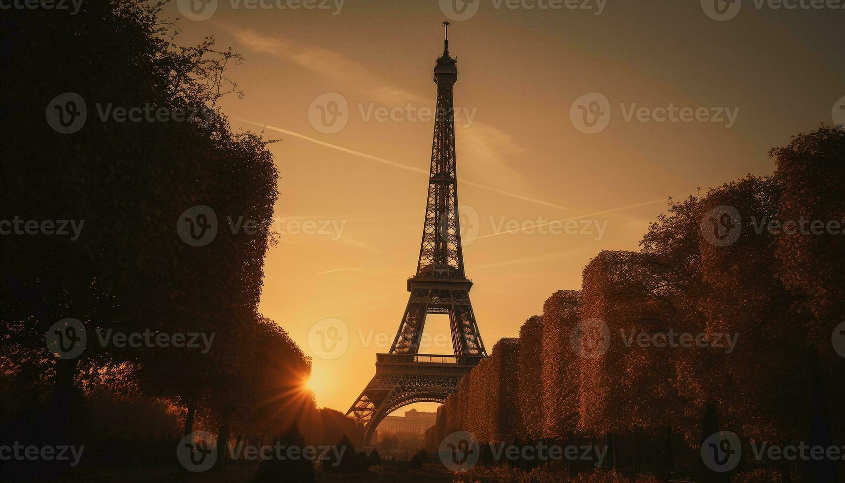 solnedgång silhuett av majestätisk bro i paris genererad förbi ai foto