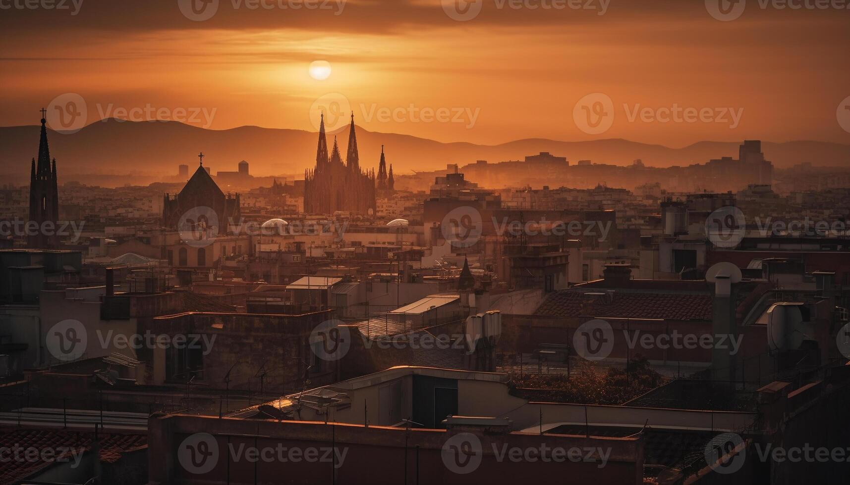 solnedgång tänds stad horisont, gammal minareter silhuett genererad förbi ai foto