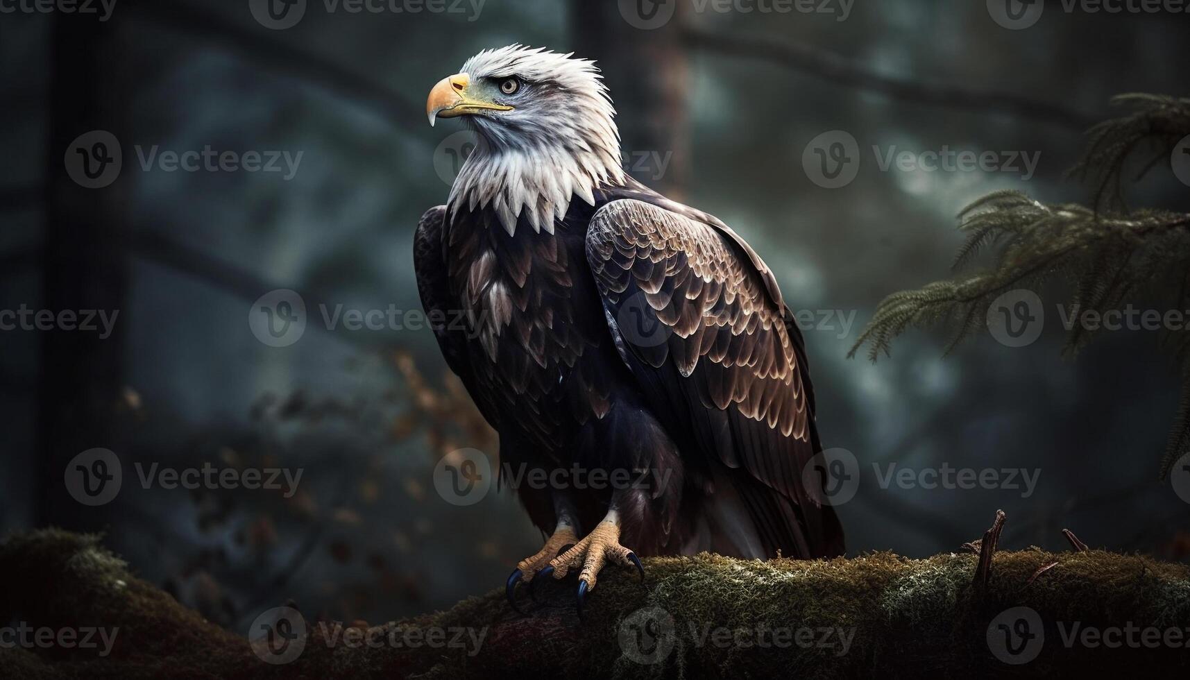 majestätisk skallig Örn perching på vinter- gren genererad förbi ai foto