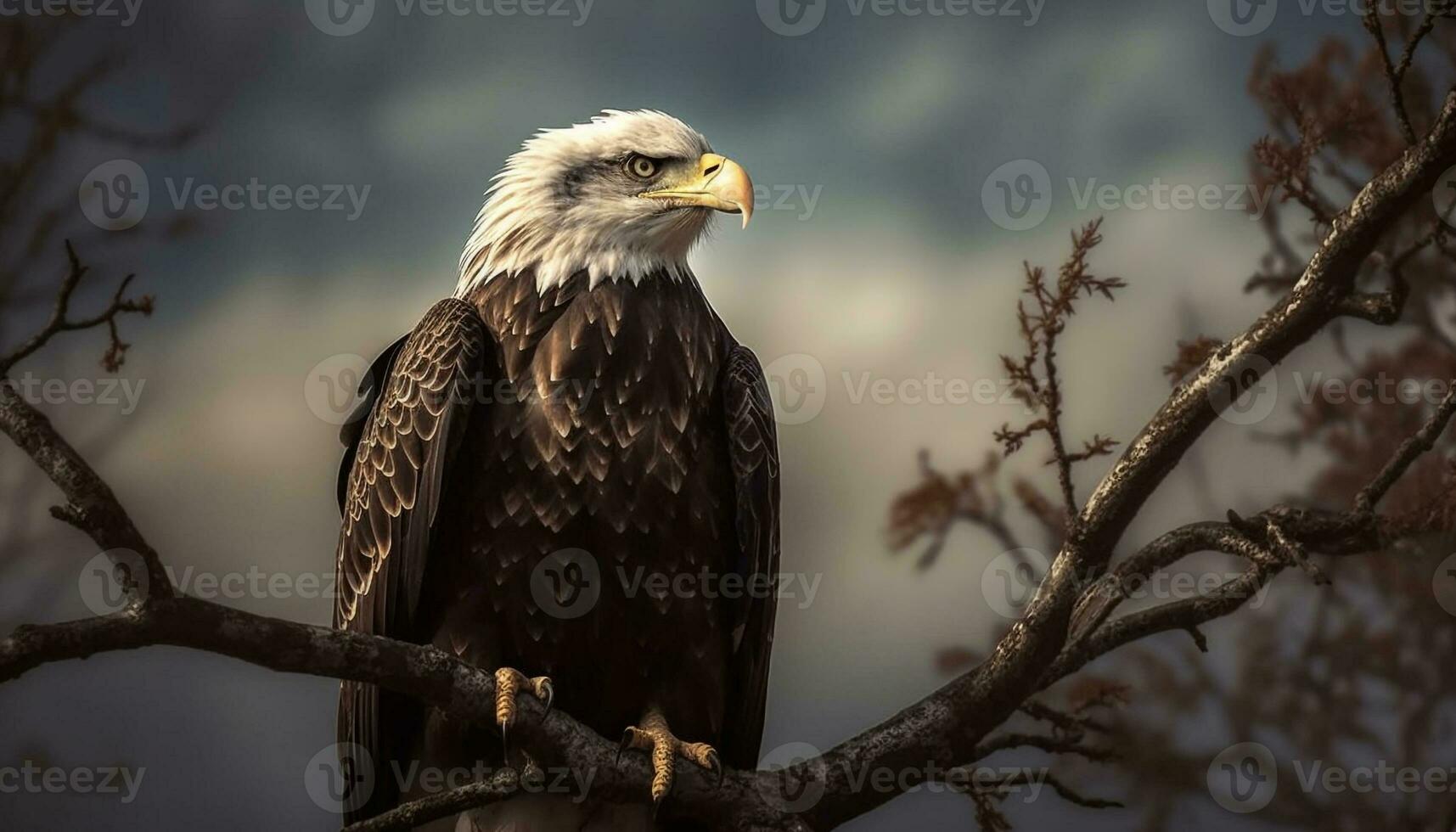 majestätisk skallig Örn uppflugen på vinter- gren genererad förbi ai foto
