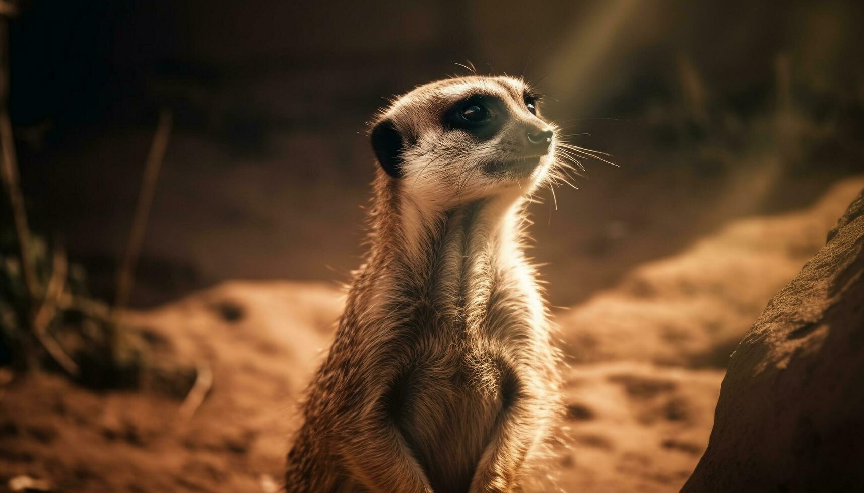 små meerkat stående varna, tittar på natur skönhet genererad förbi ai foto