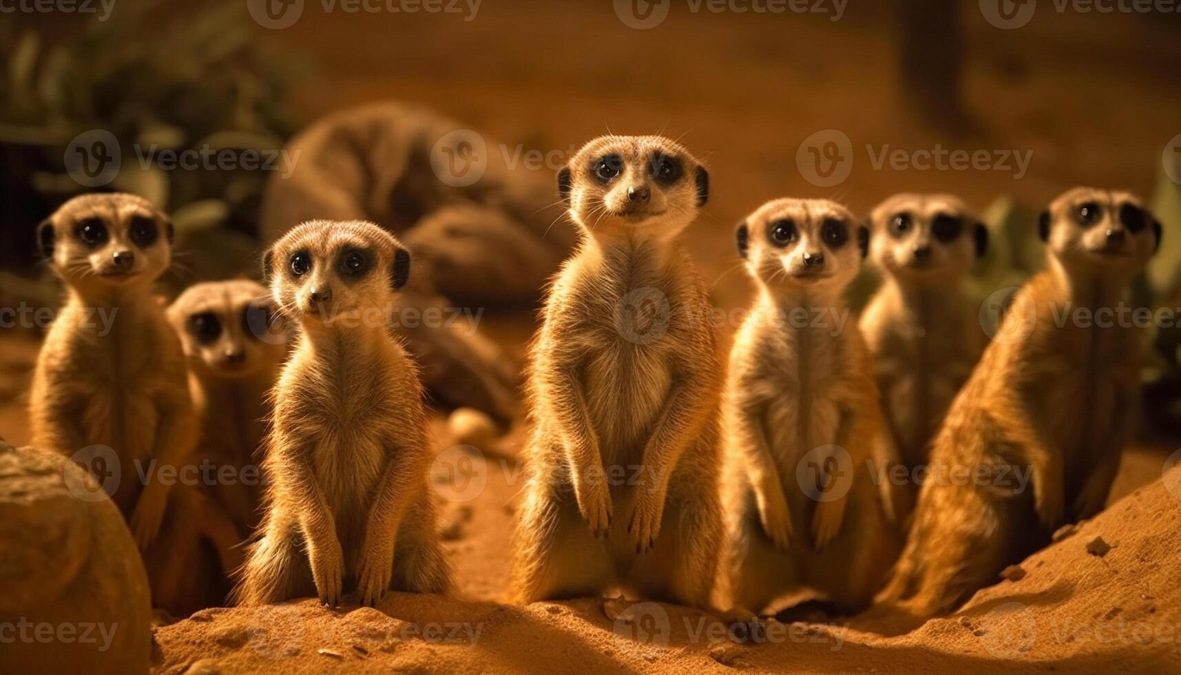 små meerkat grupp Sammanträde, alert tittar på utomhus genererad förbi ai foto