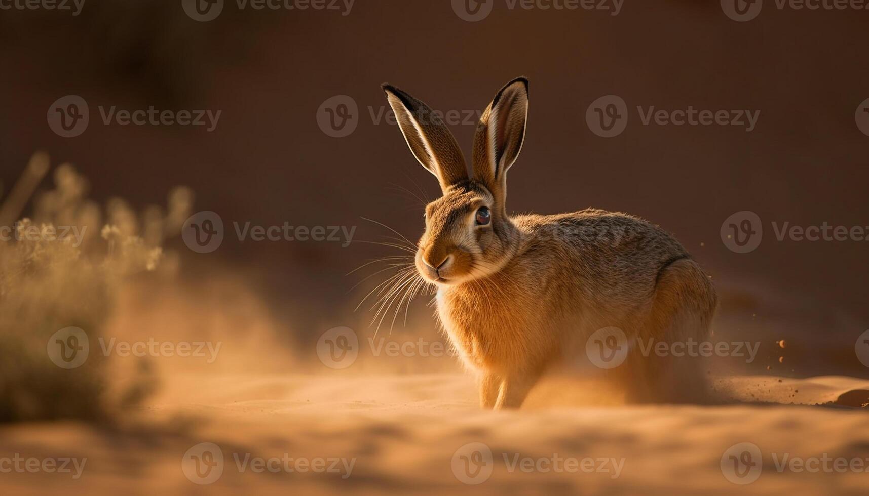 fluffig hare sitter i gräs, njuter solnedgång genererad förbi ai foto