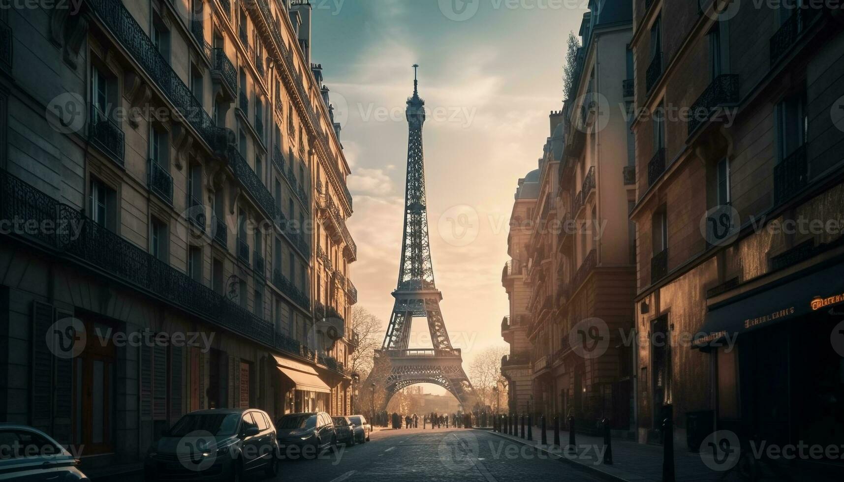 Sol uppsättningar på paris, en stad av historia genererad förbi ai foto
