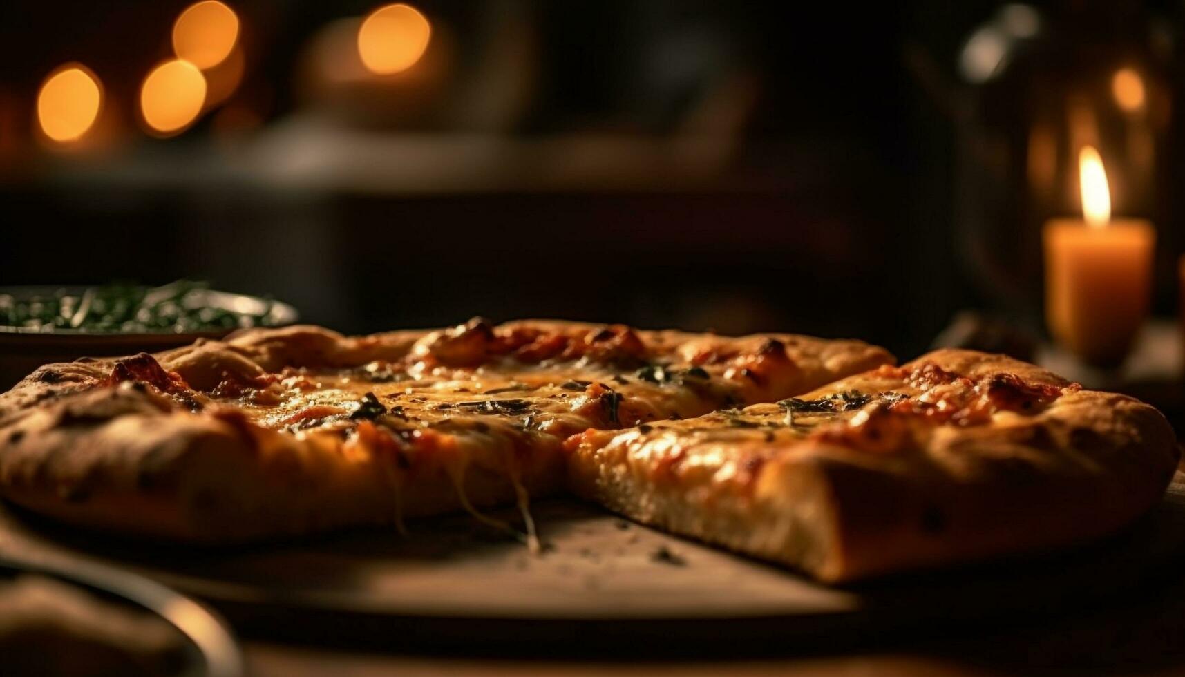 nyligen bakad pizza på rustik trä- tabell genererad förbi ai foto