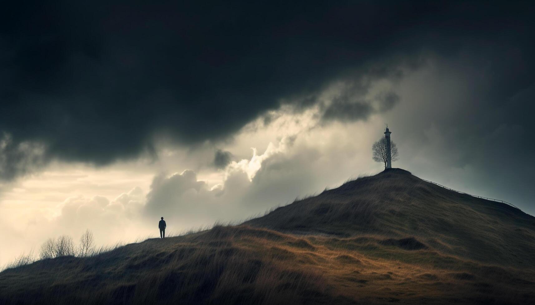 ett person stående på berg topp, bakgrundsbelyst genererad förbi ai foto