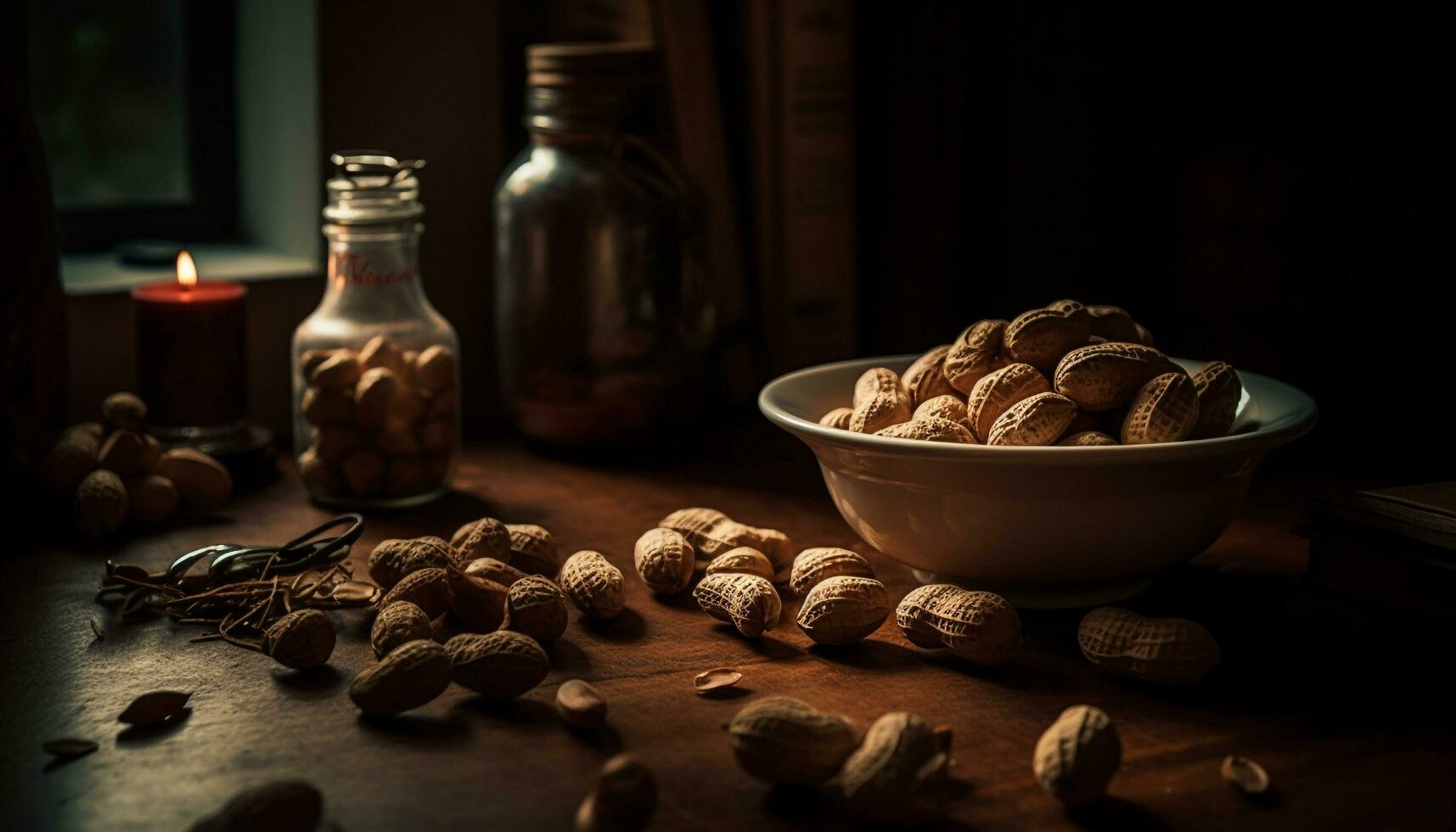 nötliknande mellanmål skål hasselnöt, mandel, valnöt, kasju genererad förbi ai foto