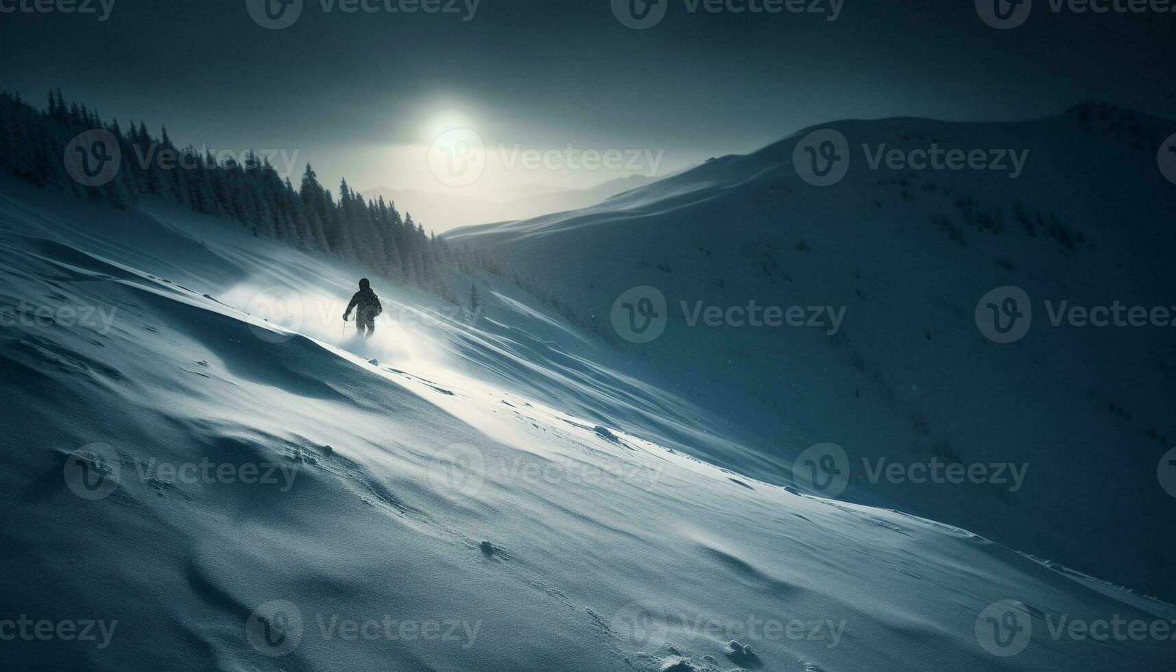 ett person skidåkning ner berg topp, extrem terräng generativ ai foto