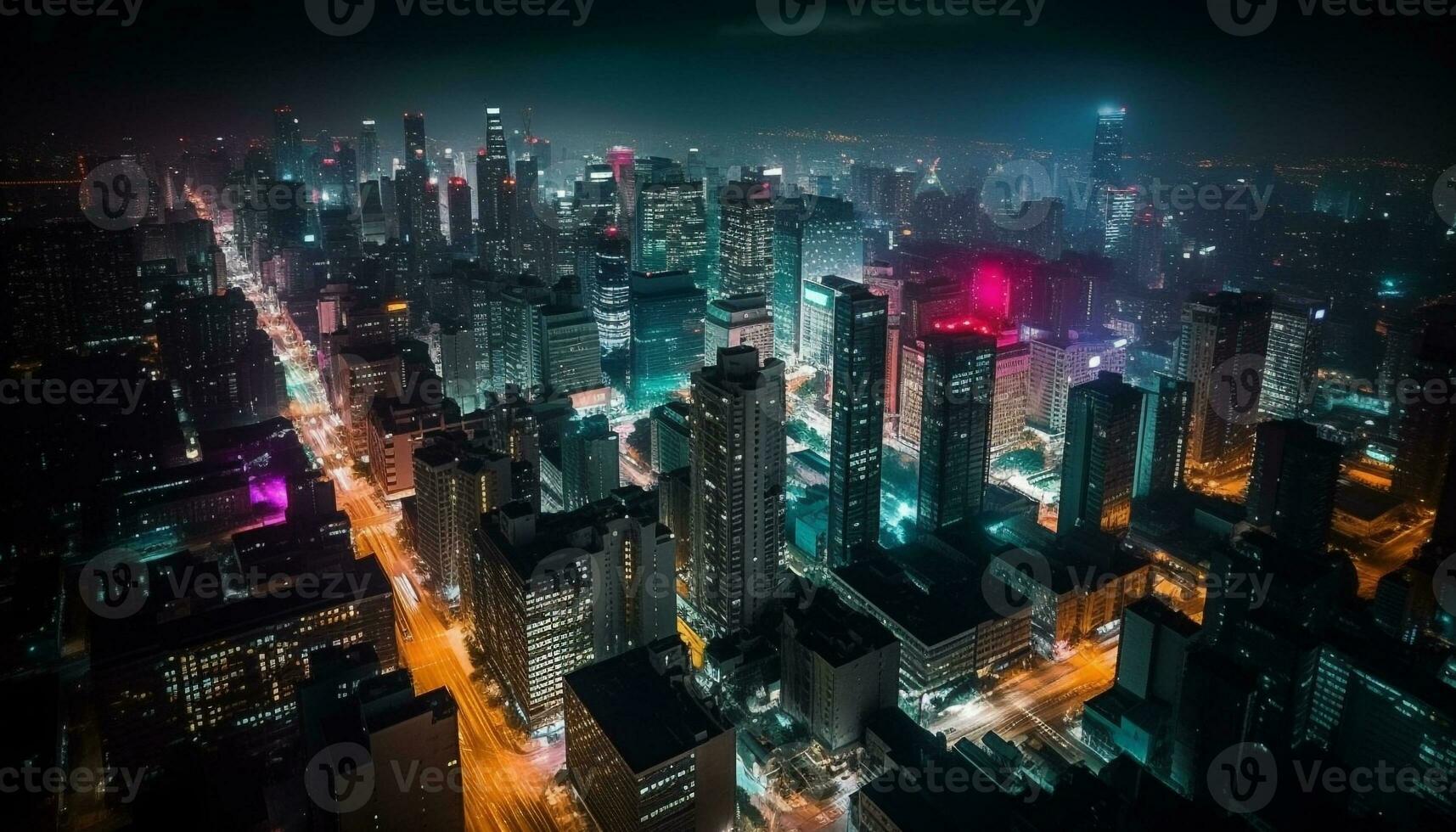 upplyst skyskrapor glöd i fullt med folk stad horisont genererad förbi ai foto